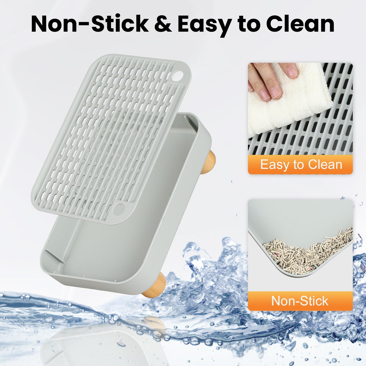 Aothey Litter Box Step, Litter Box Ramp/Catcher with Wooden Base, Anti-Tracking & Easy to Clean, Ideal for Small & Elderly Cats (Grey)