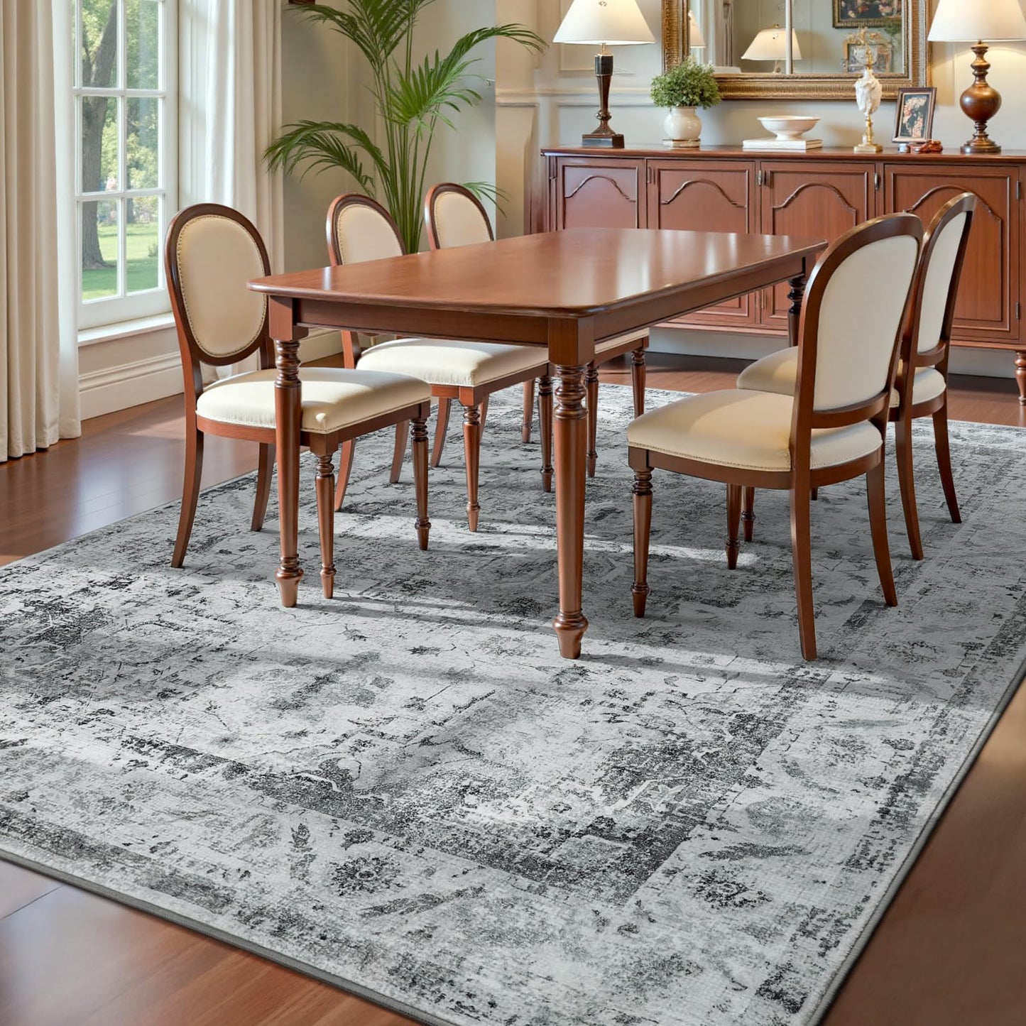 YOH Boho Washable Rug 4x6, Light Gray Vintage Non Slip Area Rug, Distressed Indoor Carpet for Living Room Bedroom Kitchen Office