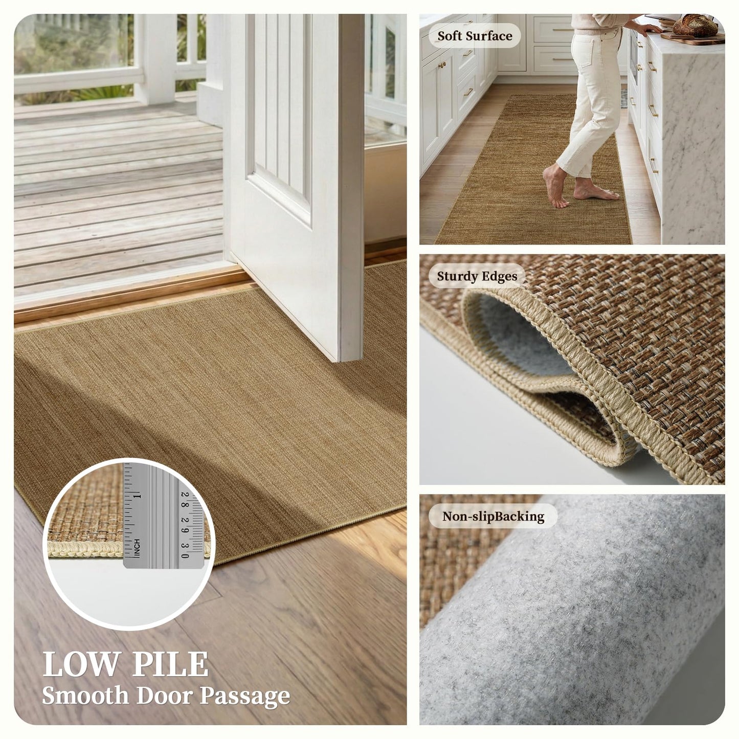 Jute 3x5 Kitchen Area Rugs: Washable Non Slip Entryway Rug with Rubber Backing Pet-Friendly Small Rugs Stain Resistant Carpet for Dining Room Laundry Porch Doorway Natural Brown