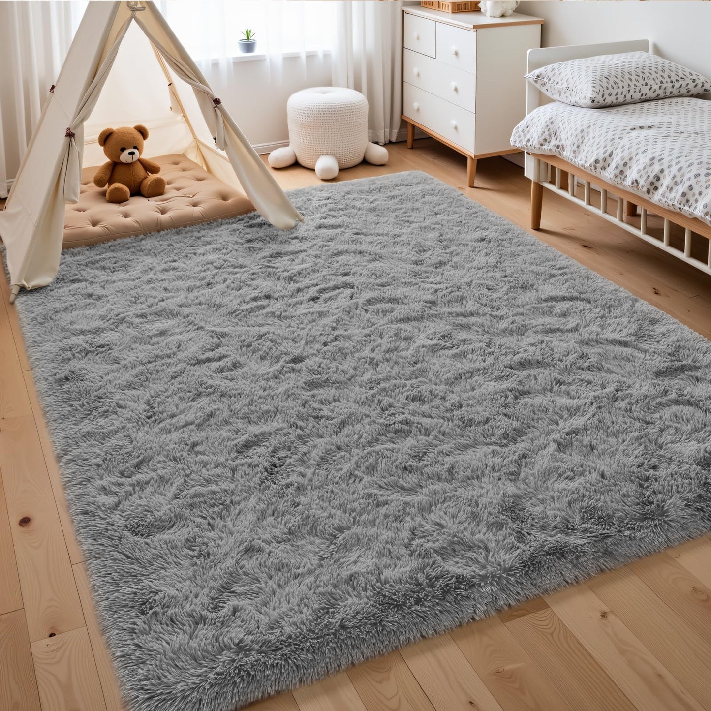 Macgace 3x5 Grey Area Rugs for Living Room, Super Soft Fluffy Rug with Non-Slip Backing for Girls Boys Bedroom Baby Nursery, Solid Shag Carpet Modern Home Interior Decor