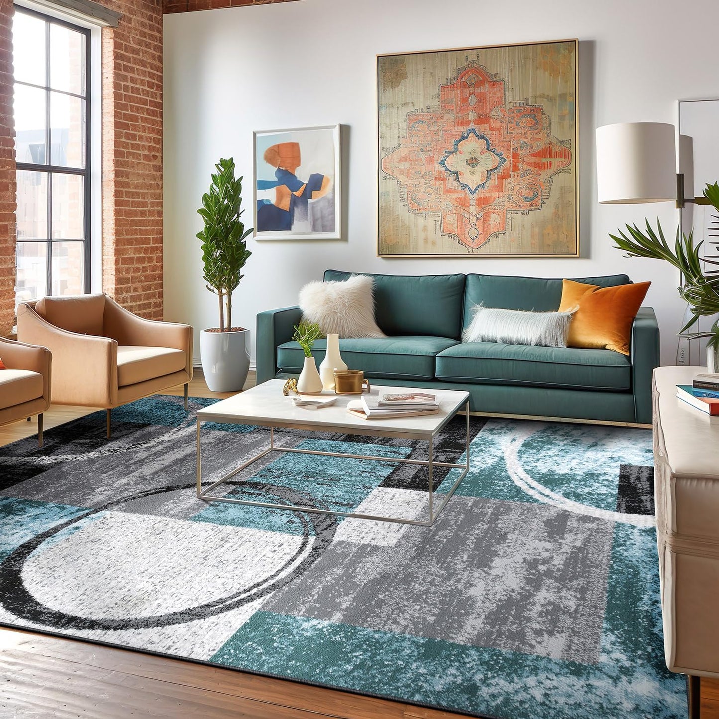 Rugshop Contemporary Circle Design Area Rug, Fade-Resistant Carpet for Living Room, Dining Room, or Home Office, Gray, 6'6" x 9'