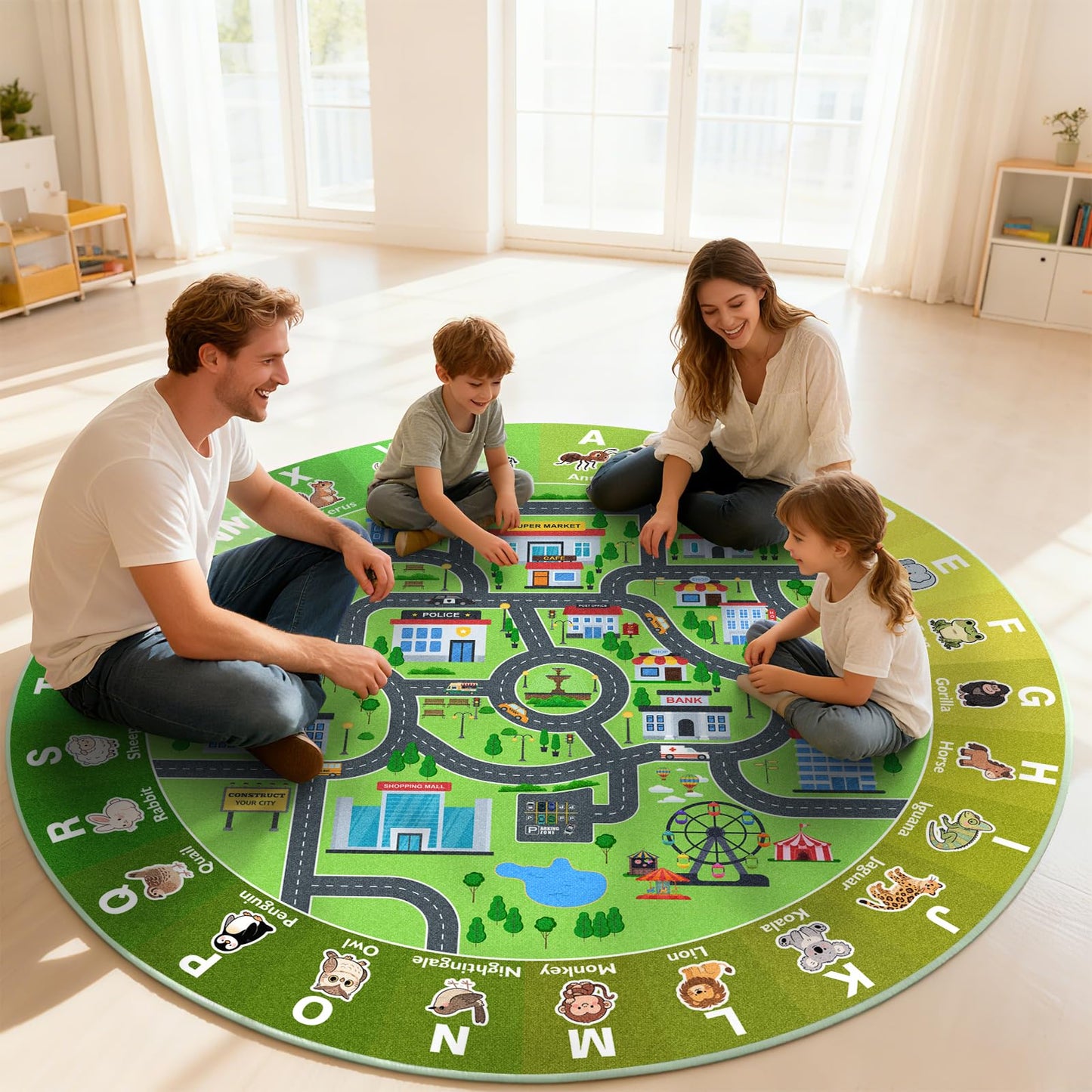 Kids City Road Car Play Rug Round ABC Alphabet Educational Play Mat,47x47'' Non-Slip Town City Map Kids Rug for Bedroom & Playroom Car Play Carpet Track Road Rugs Washable