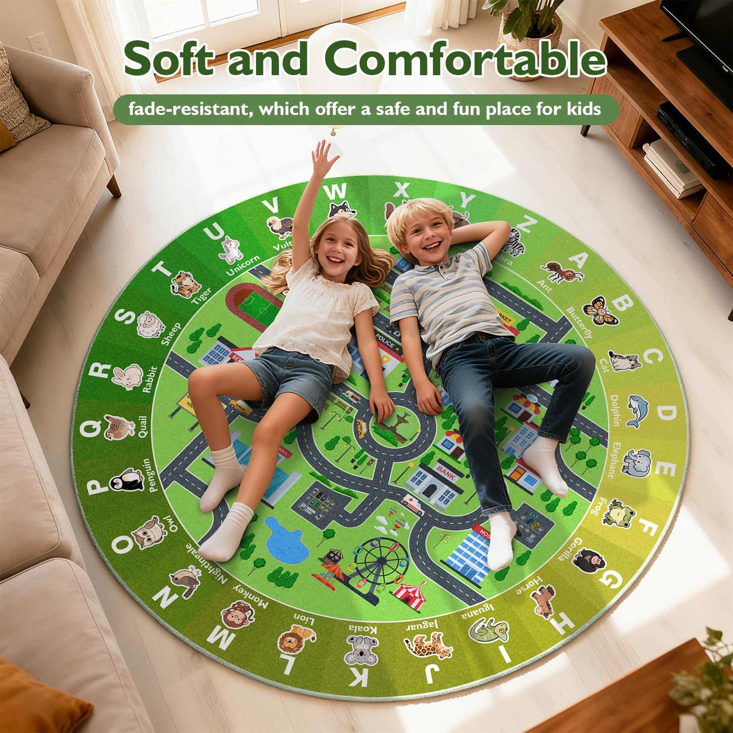 Kids City Road Car Play Rug Round ABC Alphabet Educational Play Mat,47x47'' Non-Slip Town City Map Kids Rug for Bedroom & Playroom Car Play Carpet Track Road Rugs Washable