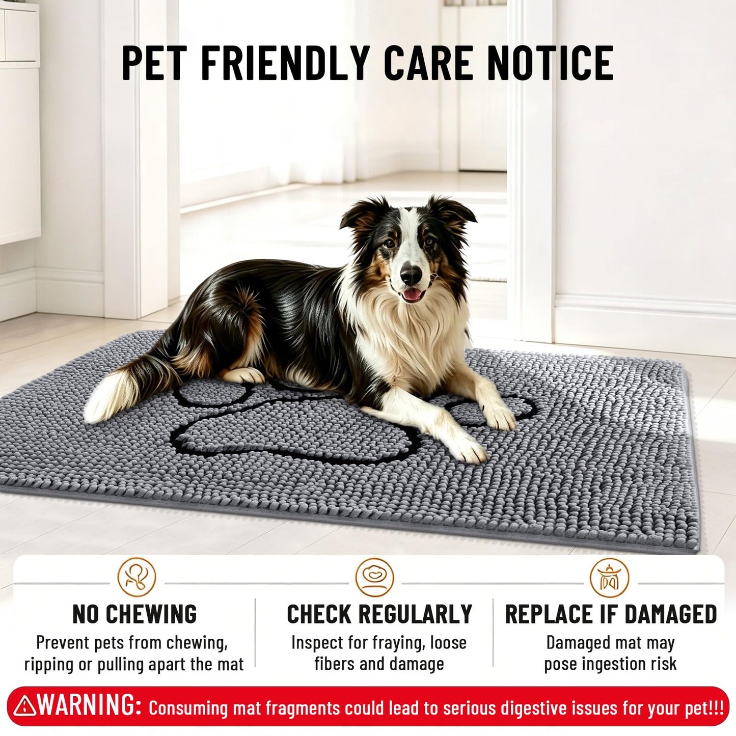 Smiry Dog Door Mat for Muddy Paws, Absorbent Dirt Trapper Non Slip Quick Dry Washable Chenille Mat for Mud Dogs, Entry Rug for Indoor and Outdoor (48x30 Inches, Grey and Black)