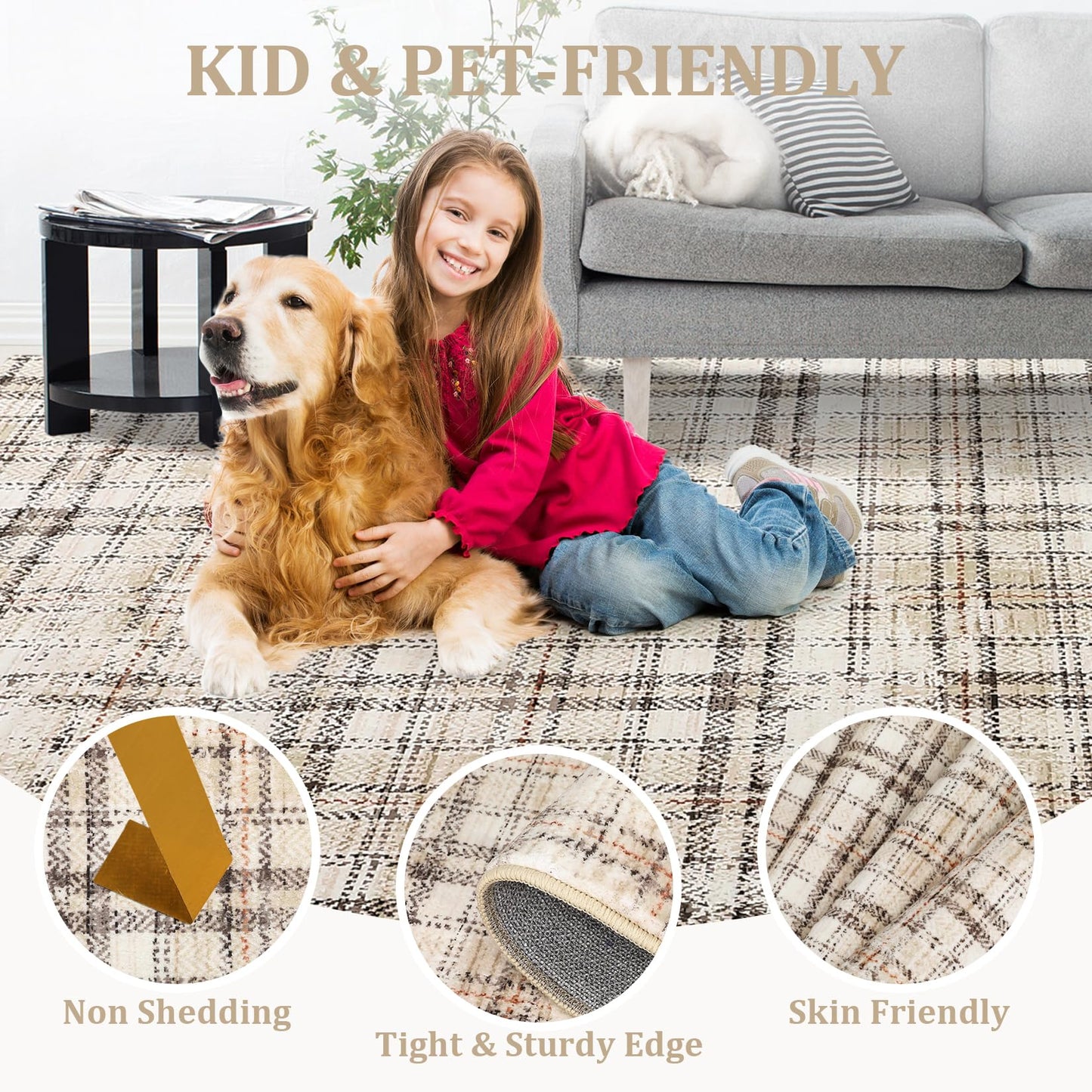 Garvee Washable 8x10 Area Rug for Living Room Non Slip Soft Bedroom Rugs Tartan Plaid Area Rug Non Shedding Low Pile Stain Resistant Carpet for Nursery Dining Room Playroom Office, Beige