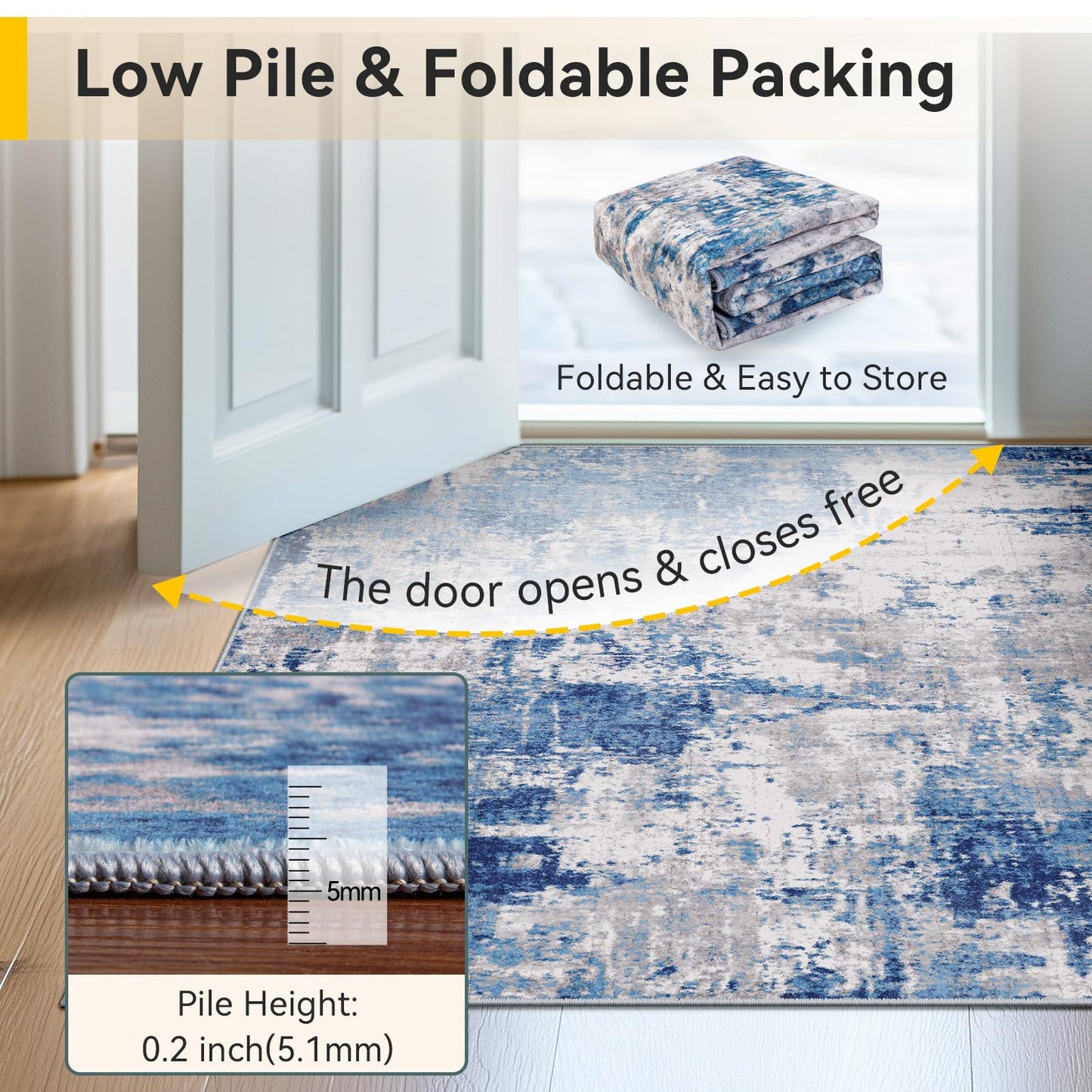RELEANY Washable Area Rugs 3'x5' Non-Slip Modern Abstract Soft for Living Room Entryway Bedroom Kitchen, Print Pattern, Blue Grey Navy Gray