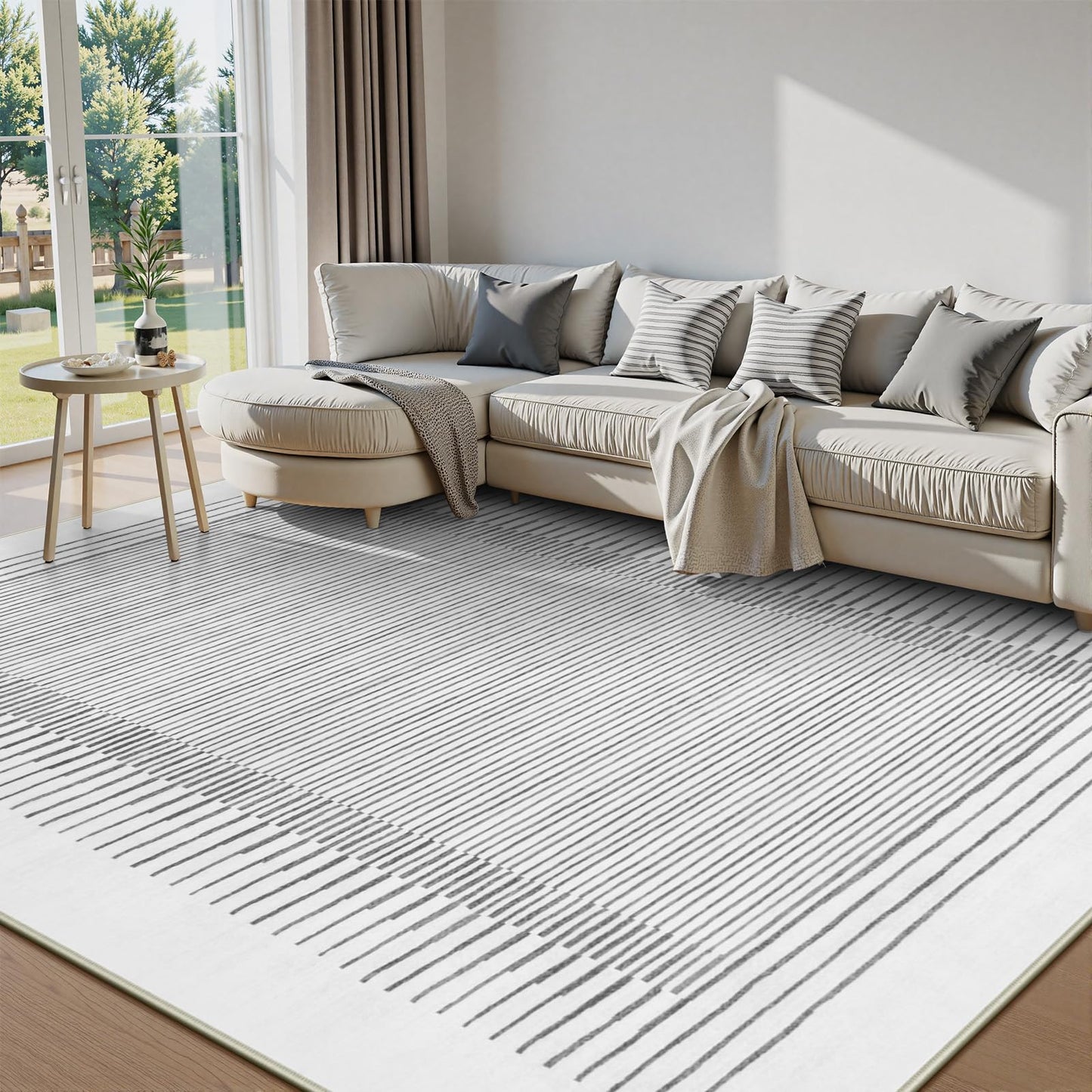Wonnitar Striped 9x12 Rugs for Living Room, Non-Slip Soft Grey Berber Stripe Bedroom Rug, Low Pile Minimalist Floor Carpet for Dining Room Living Room Department (Grey,9' x 12')