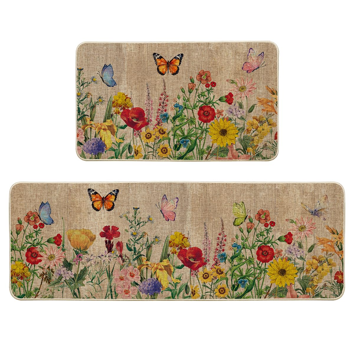 Artoid Mode Wood Flowers Butterfly Spring Kitchen Mats Set of 2, Seasonal Home Decor Leaves Low-Profile Kitchen Rugs for Floor - 17x29 and 17x47 Inch