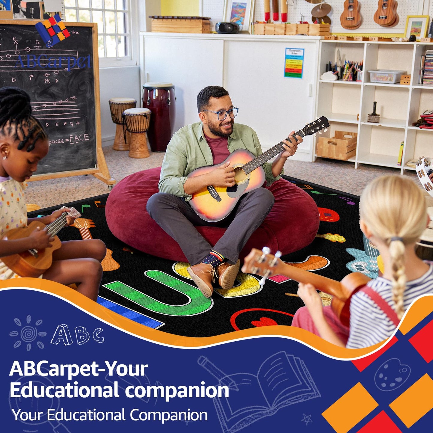 ABCarpet Music Classroom Rug, 7'6''x13'1'' Black Classroom Carpet with Non-Slip Backing, School Seating Rug for Circle Time, Preschool, Daycare, Playroom, Learning & Reading Area
