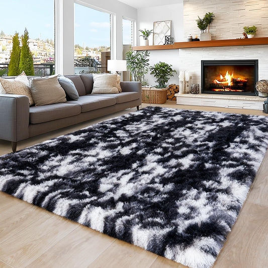 8x10 Area Rugs for Living Room Bedroom, Ultra Soft Fluffy Black and White Large Rug Carpet for Bedroom, Upgrade Non-Slip Fuzzy Shag Plush Rugs for Nursery Boys Girls Kids Room Modern Indoor Home Decor