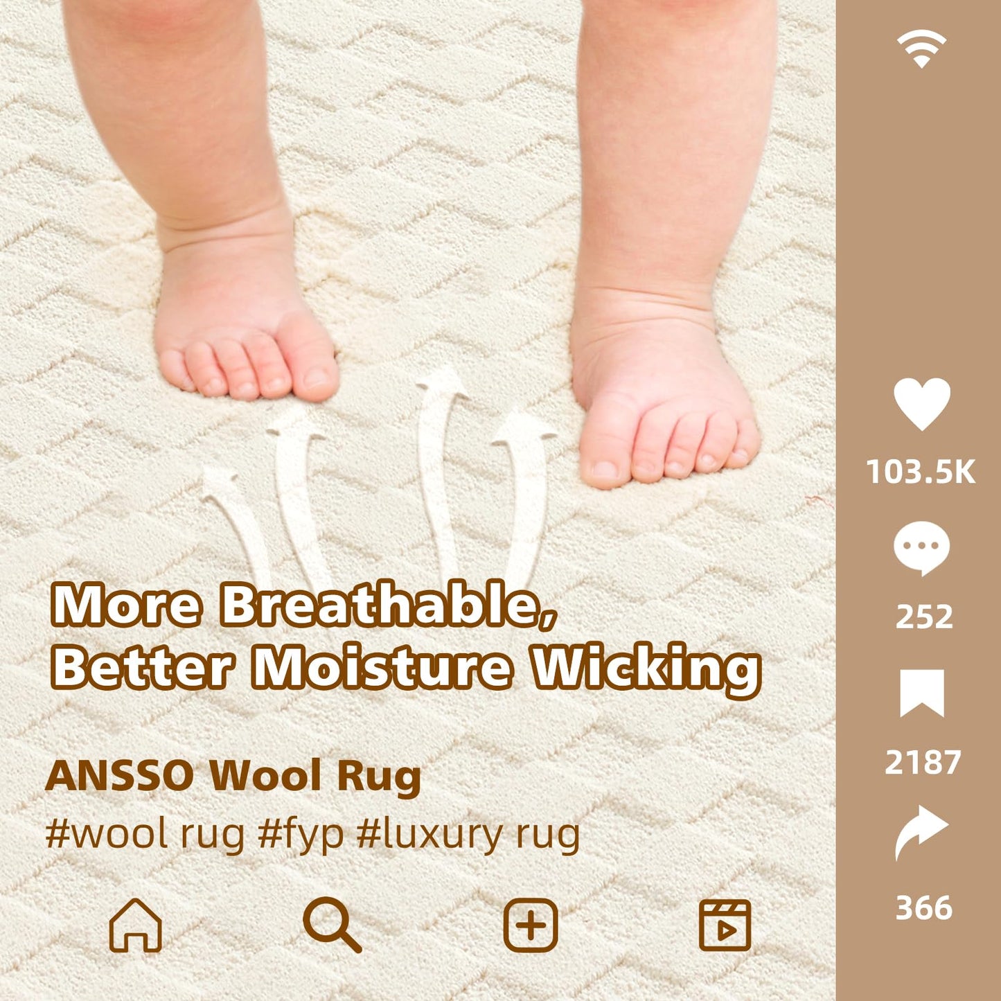 ANSSO Wool Rugs 8x10 for Living Room,80% Merino Wool and 20% Cotton Soft Tufted Area Rug with Cotton Non-Slip Backing,Large Area Rug for Bedroom Bedroom, Dining and Home Office (Cream)
