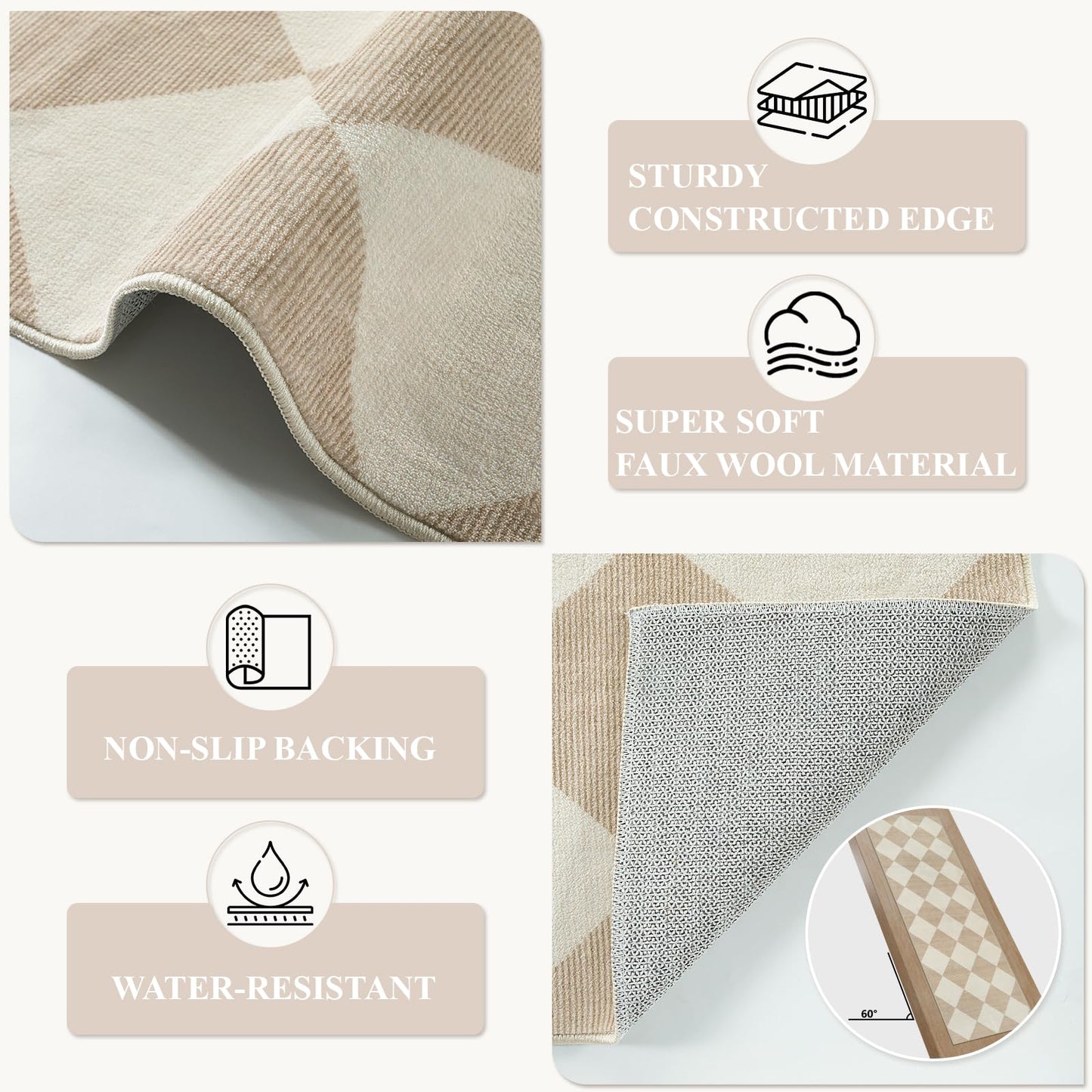 Beeiva Checkered Print 5x7 Washable Area Rugs for Bedroom, Non Slip Ultra Thin Beige Rugs for Living Room, Geometric Plaid Dorm Decor Soft Low Pile Carpet for Office Kids Room Classroom