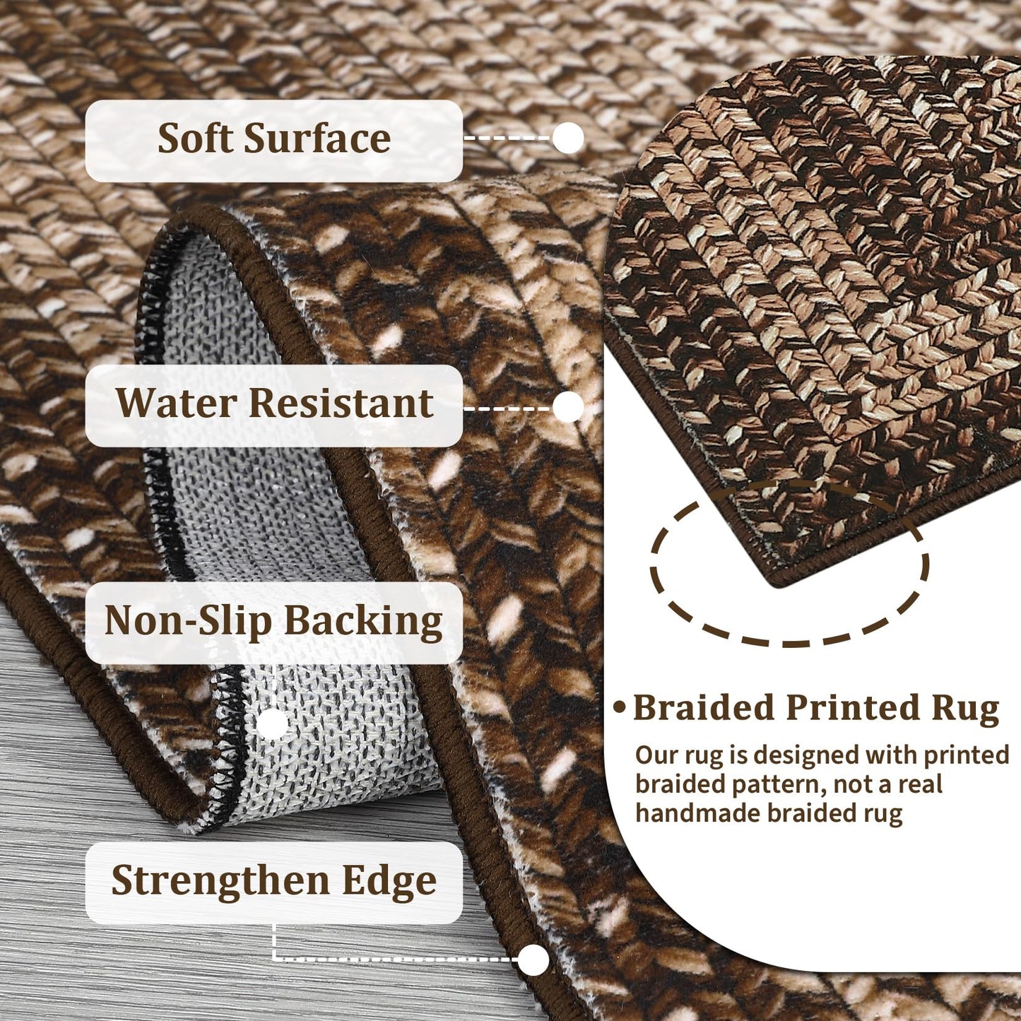 MilleLoom Braided Print Washable Rug 8x10 Area Rugs for Living Room Soft Bedroom Rug Stain-Resistant Rustic Foldable Mat Non Slip Low Pile Farmhouse Carpet for Dining Nursery Cottage Office Brown