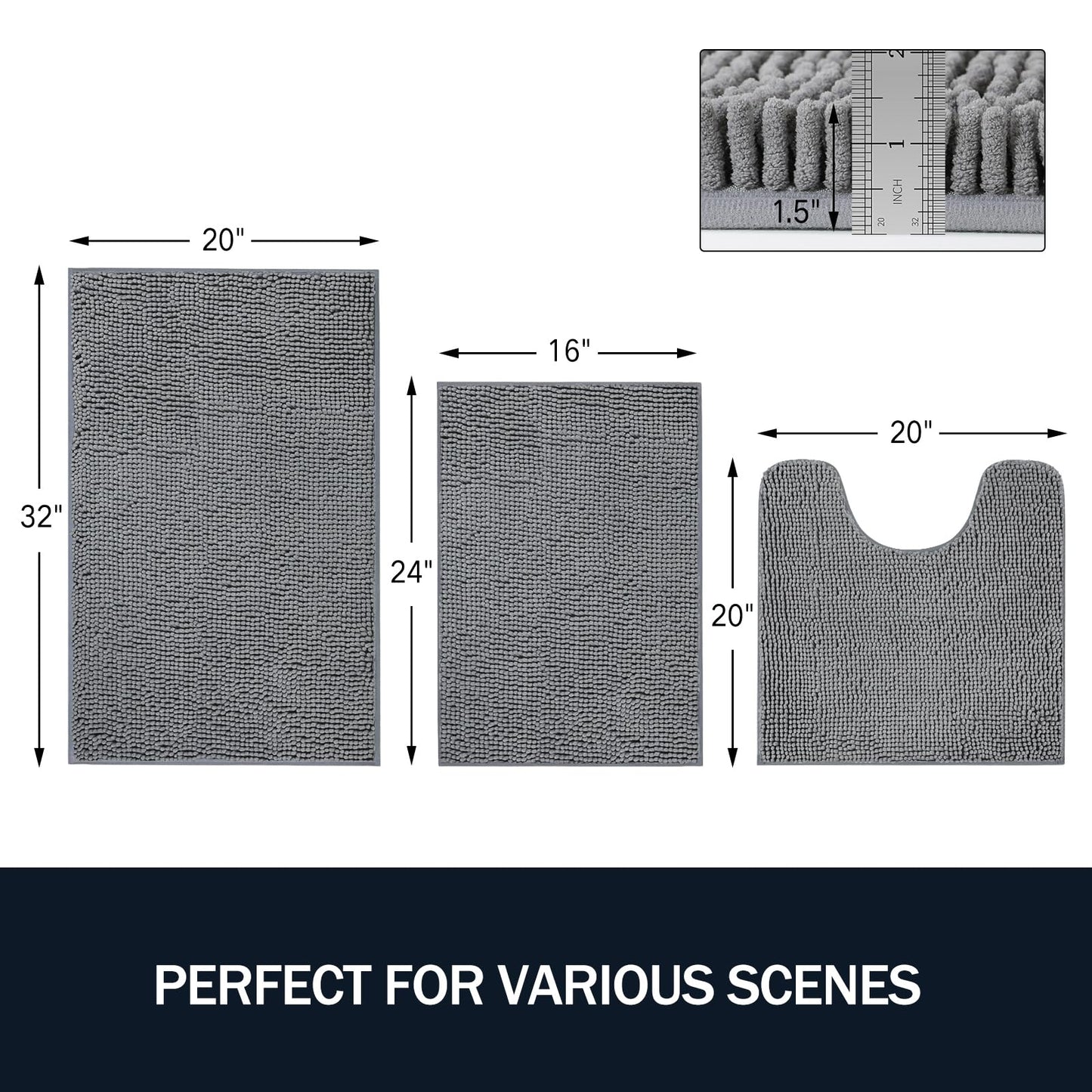 LINLA 3 Pieces Bathroom Rug Set, Absorbent Non Slip Chenille Bath mat, Thick Plush Chenille Carpet Mats Set,Washable Dry Quickly with U-Shaped Toilet Mat for Tub, Shower（Grey）