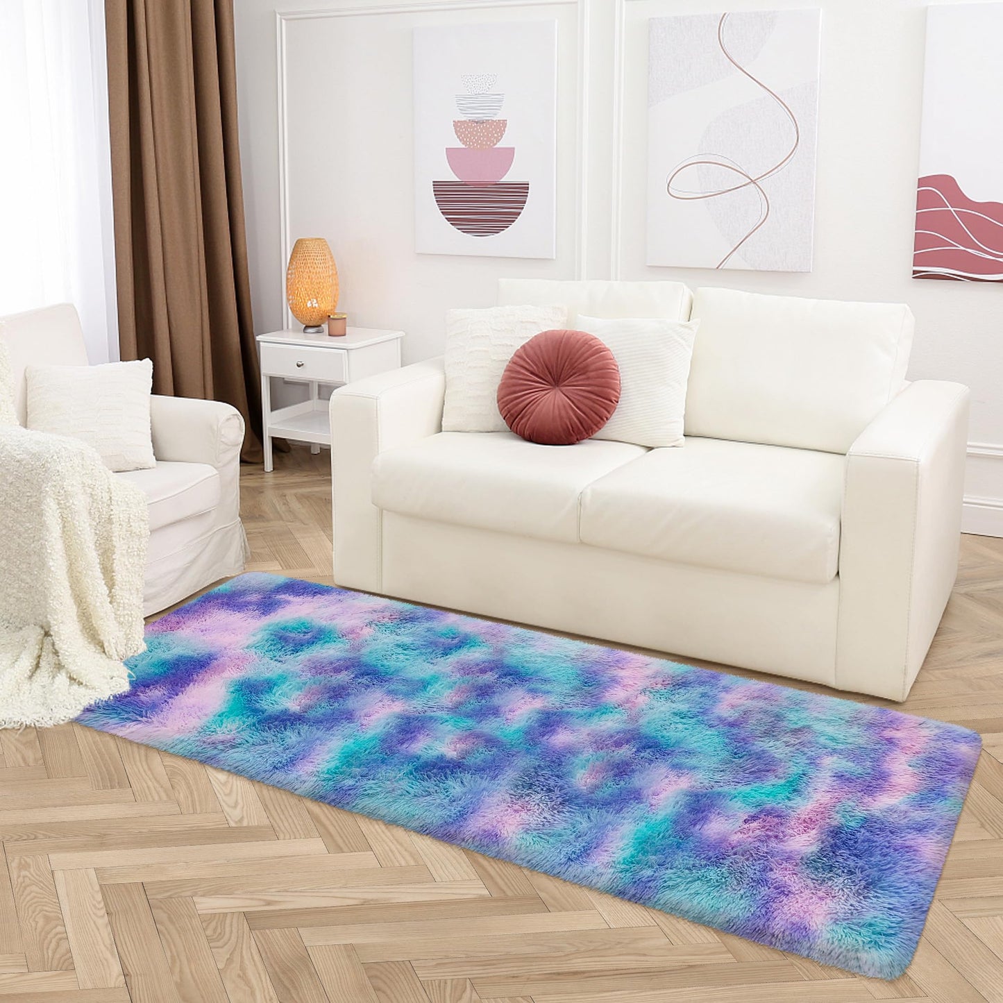 TENNOLA Shaggy Tie Dyed Light Blue Purple Runner Rug 2x6 ft Bedside Area Rugs for Living Room, Anti-Skid Extra Comfy Fluffy Floor Carpet for Indoor Hallway Home Decorative