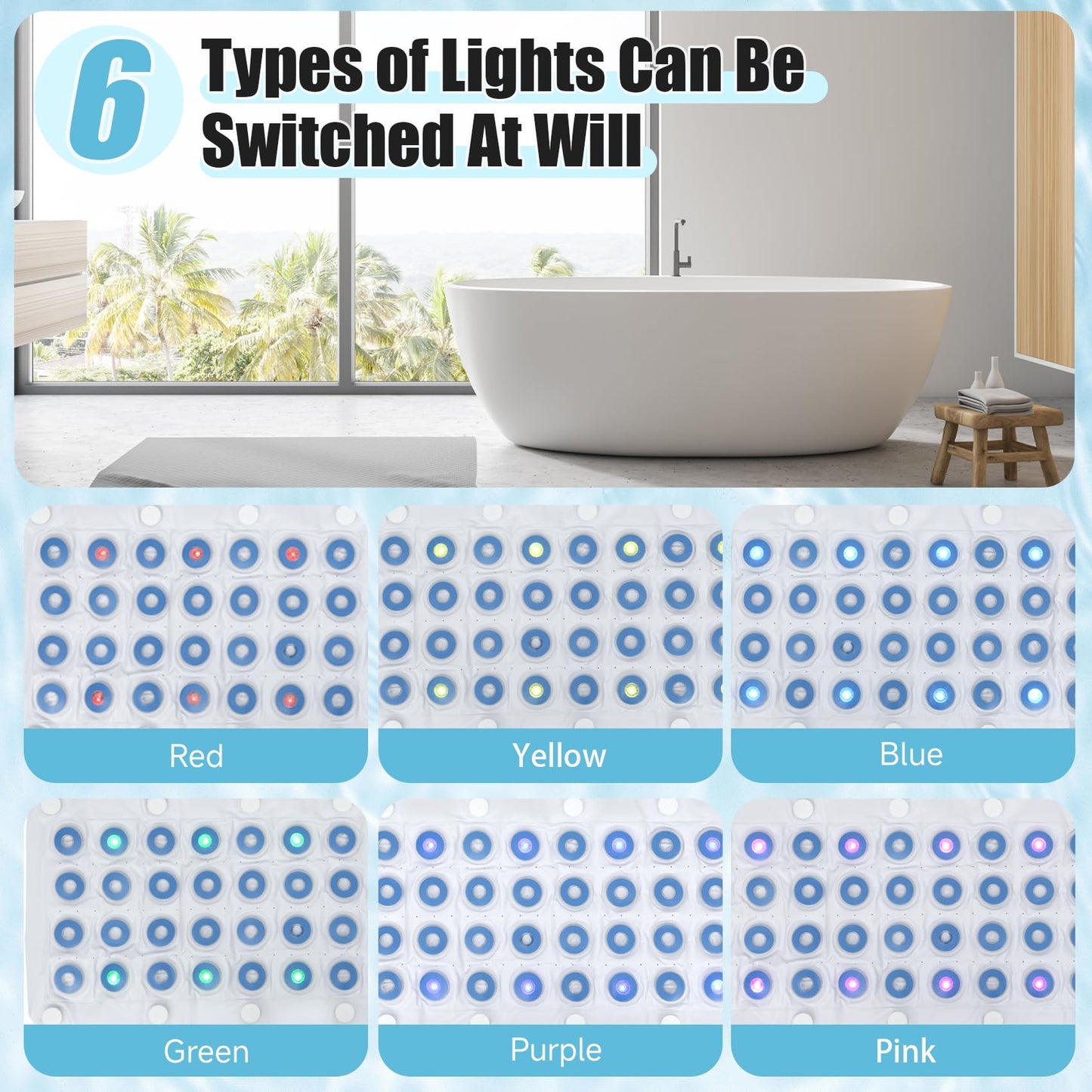 Bubble Bath Mat for Bathtub Spa, Full Body Hydrotherapy Massager with 6 Bubble Speeds & 6-Color LED Lights, Non-Slip Suction Cups, Remote Control & Inflatable Bath Pillow for Stress Relief
