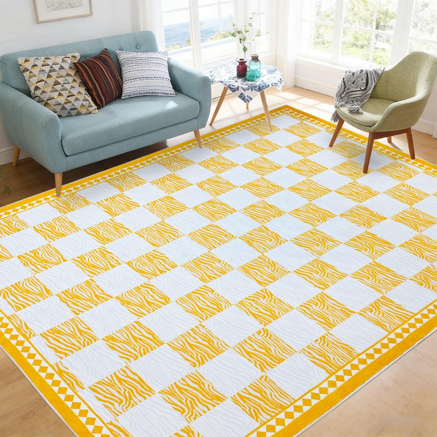 Lacomfy Checkered Rug Carpet 5x6.6Ft Modern Abstract Zebra Mat for Kids Boys Girls Bedroom Farmhouse Living Room Office Entryway Decor, Chic Stripe and Checkerboard, Nonslip Washable, Yellow