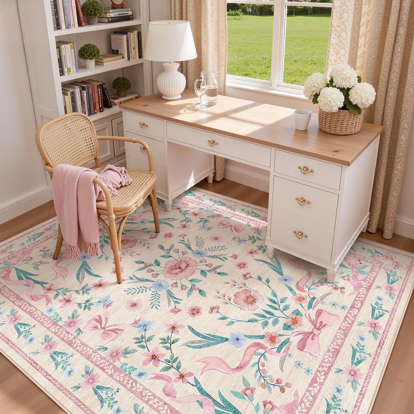 Kiginara Coquette Pink Bow Rug 5x7, Washable Floral Area Rug for Girls Bedroom & Nursery, Soft Low Pile Non Slip Carpet for Kids Room, Dorm, Playroom, Living Room