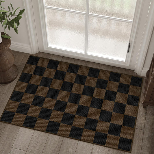 Rugalia Easy Jute Checkered Entryway Rug, 2x3 Coffee Modern Indoor Outdoor Doormat, Washable Non-Slip Small Kitchen Rug Farmhouse Checkerboard Throw Rugs for Entrance Bedroom Bathroom
