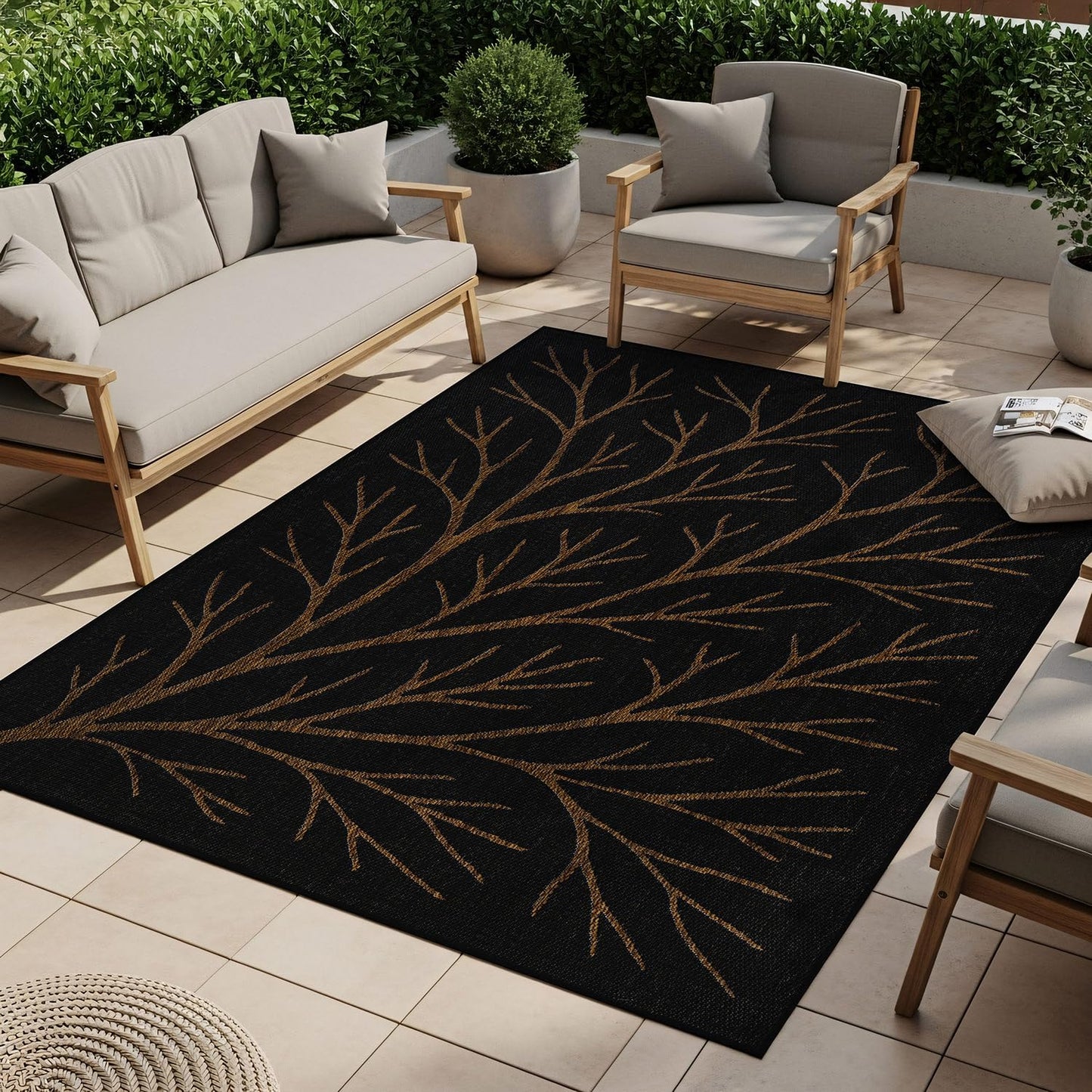 Washable Indoor Outdoor Rug 8x10 Modern Area Rugs Branch Pattern Non Shedding Waterproof Easy Clean Patio Deck Porch Living Room Bedroom Garden RV (8 X 10 Gold)