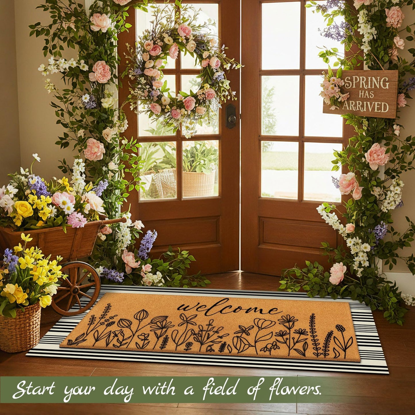 Tinideya 2 Pcs Summer Door Mat 17"x47" Wildflowers Welcome Non Slip Spring Coir Mats Black White Plaid Large Floor Layering Flowers Doormats for Front Porch Entryway Decor