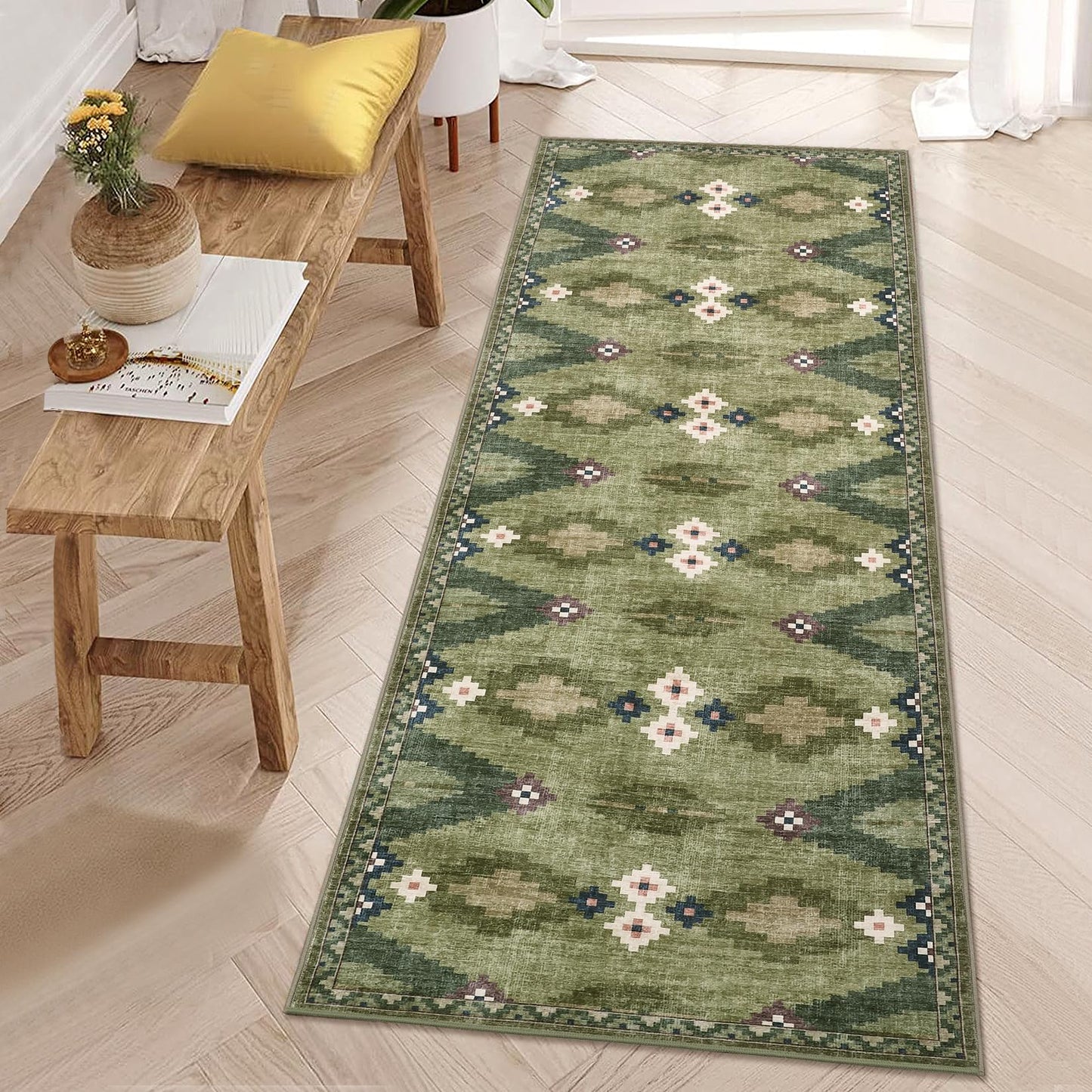 Hallway Runner Rug 2x6 Modern Geometric Non Slip Kitchen Runner Carpets Stain Resistant Mid Century Tribe Runners Soft Low Pile Boho Runner Mat for Laundry Bedroom Living Room Nursery Bedside, Green