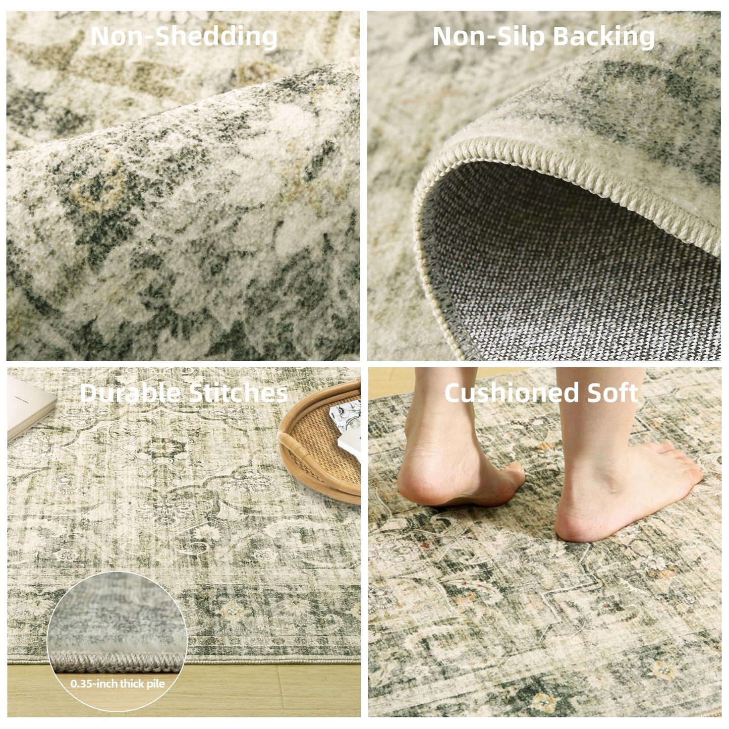 Area Rugs 9x12 Living Room: Washable Bedroom Rug Non Slip Low Pile Soft Faux Wool Non Shedding Distressed Vintage Boho Large Carpet for Dining Room Under Table Kitchen Nursery Entryway Office Indoor