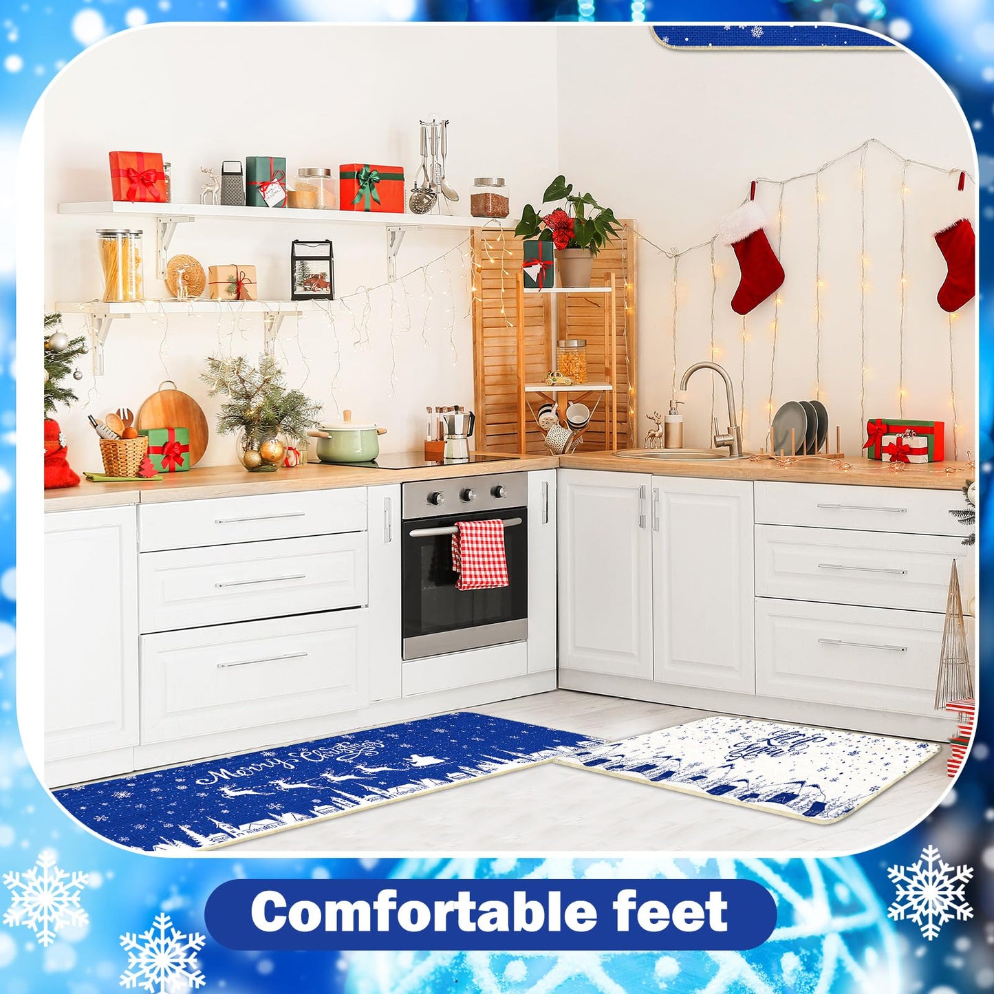 Tinideya 3 Pcs Navy Blue Merry Christmas Snowflakes Kitchen Rugs HOHOHO Let It Snow Blue Kitchen Mats Santa Christmas Decorations Village Indoor Floor Mat for Home Bathroom Decor 16.5 x 31/47/ 59 Inch