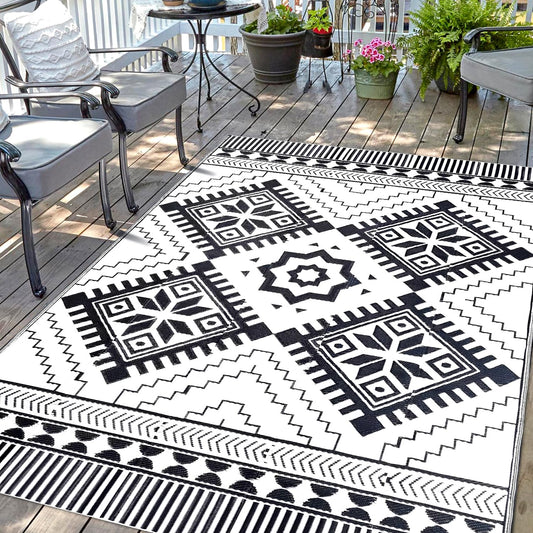 Waterproof Outdoor Rug 5x8ft, Boho Reversible Plastic Straw Mat for Patio RV Deck Porch Backyard Balcony Camping Picnic Beach Indoor Outdoor Carpet, Black&White