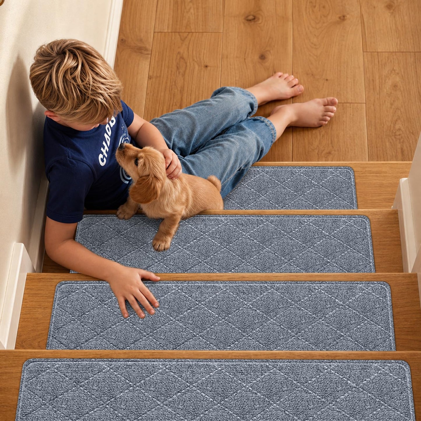 TranquilMoments Stair Treads Non-Slip for Wooden Steps, 4Pack - 8" x 30" Edging Stair Runner Indoor for Kids Elders & Pets, Washable Carpet Stair Treads with Peel & Stick Reusable TPE Backing, Grey