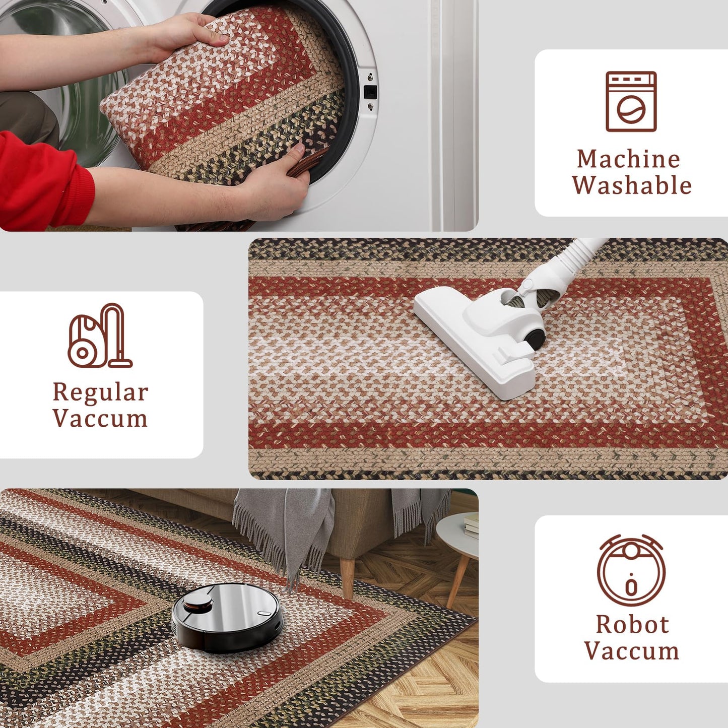 RUGSREAL 5x7 Bedroom Rug Machine Washable Living Room Area Rug Modern Braid Printed Throw Carpet for Dining Room Non Slip Large Entryway Rug Farmhouse Carpet for Home Decor, Crimson/Earthy