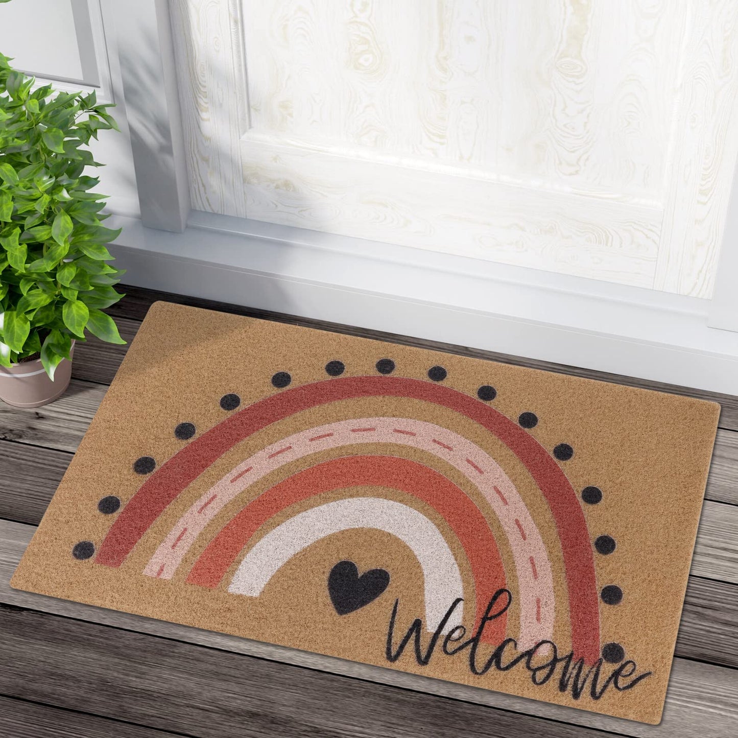 Rainbow Welcome Doormat Boho Rainbow Indoor Outdoor Entryway Doormats Non-Slip Backing Rug Neutral Rainbow Housewarming Wedding Gifts 17X30 Inches