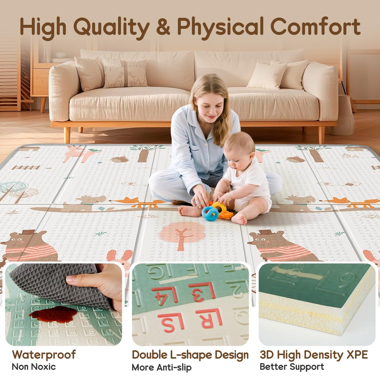 Foldable Baby Play Mat for Floor, PIGLOG 79x71 Extra Large Crawiling Play Mat for Babies, Waterproof & Portable Tummy Time and Non-Toxic Soft Foam Playmat for Infants, Toddlers, Bear