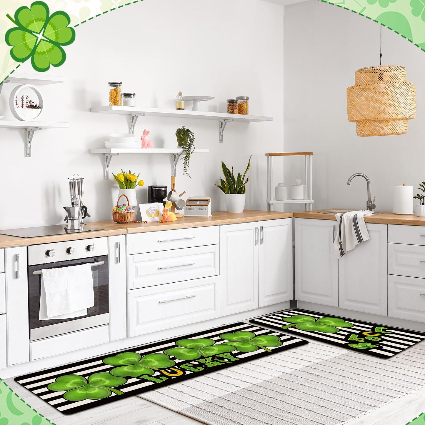 Drydiet 3 Pcs St Patricks Day Kitchen Rugs and Mats Set Shamrocks Non Slip Rug Waterproof Floor Mat for Irish Saint Patricks Day Home Bar Office Bathroom Party Decor