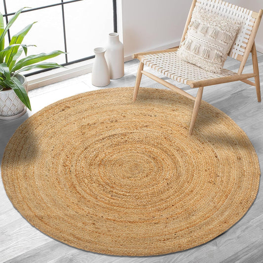 RIANGI Hand Woven Jute Area Rug - 5' Round - Rustic Beige Reversible Farmhouse Rugs for Bedroom, Kitchen, Living Room - Vintage Natural Braided Entry Floor Décor Circle Boho Round Jute Rug 5 Foot