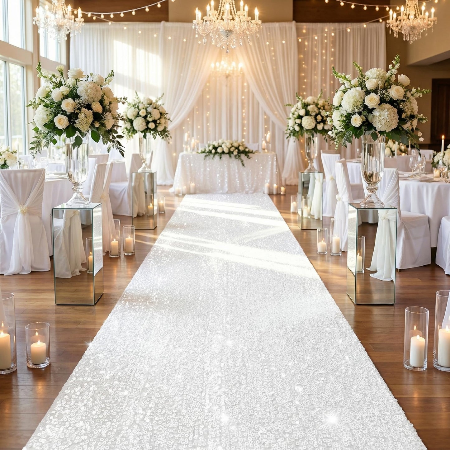 White Aisle Runner for Wedding Ceremony: 2FT×15FT Sequin Fabric - Sparkly Carpet Runner for Thanksgiving Day Bridal Shower Outdoor Grass Floor Indoor Rug Runner Hallway Decor