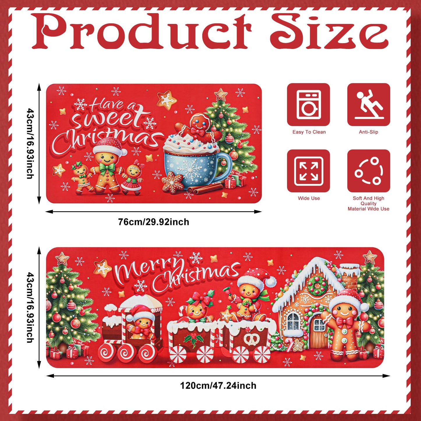 Gingerbread Man Christmas Kitchen Rugs Mats Decorations Set of 2 Winter Holiday Sink Floor Mat Carpet Non Slip Absorbent Funny Kitchen Rug Farmhouse Floor Mat Decor 17x30 and 17x47 Inch