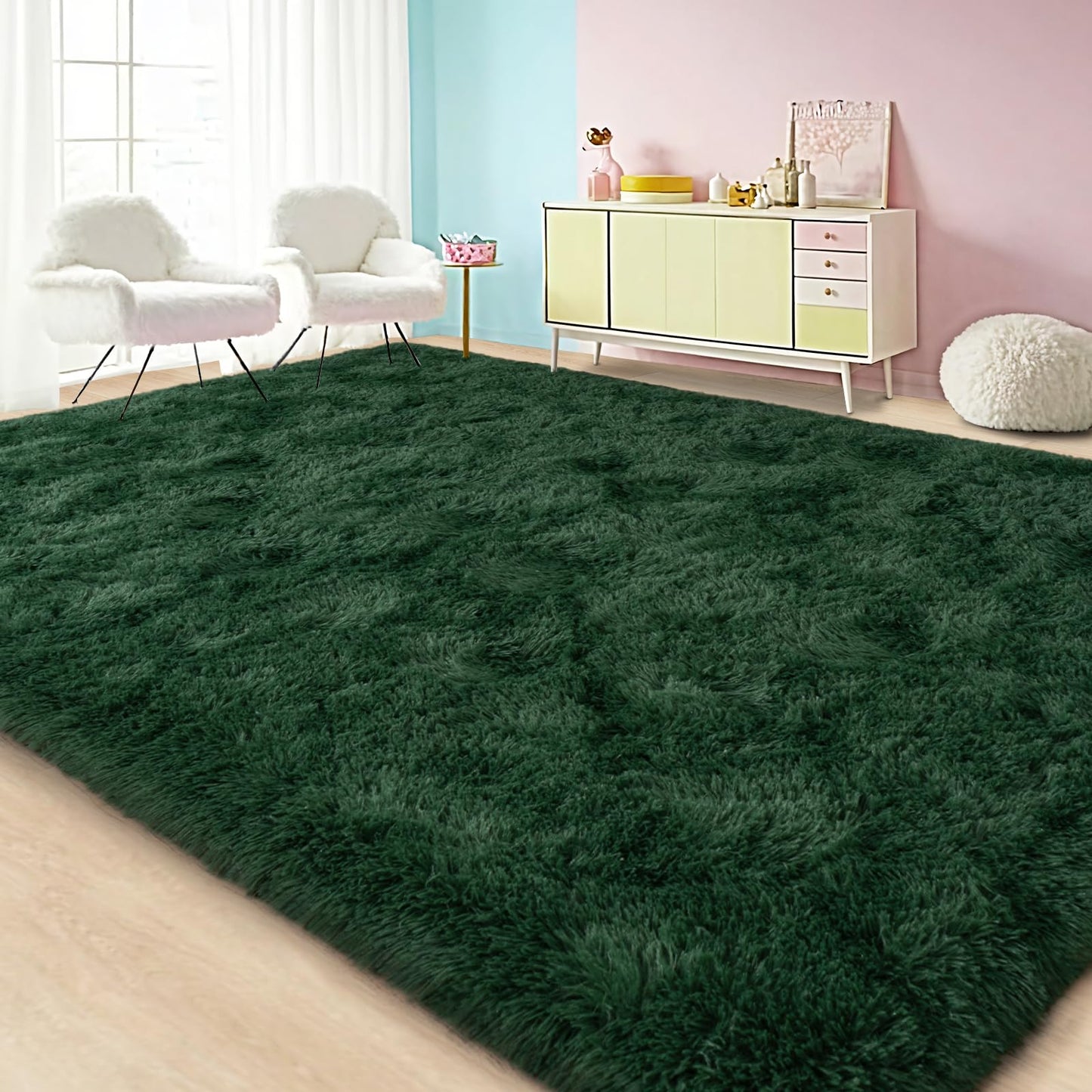Lairep Large Area Rugs for Living Room Bedroom, 8x10 Feet Dark Green Fluffy Shag Rugs, Ultra Soft Shaggy Plush Fuzzy Modern Indoor Throw Floor Carpet for Girls Boys Dorm Nursery Home Decor Aesthetic