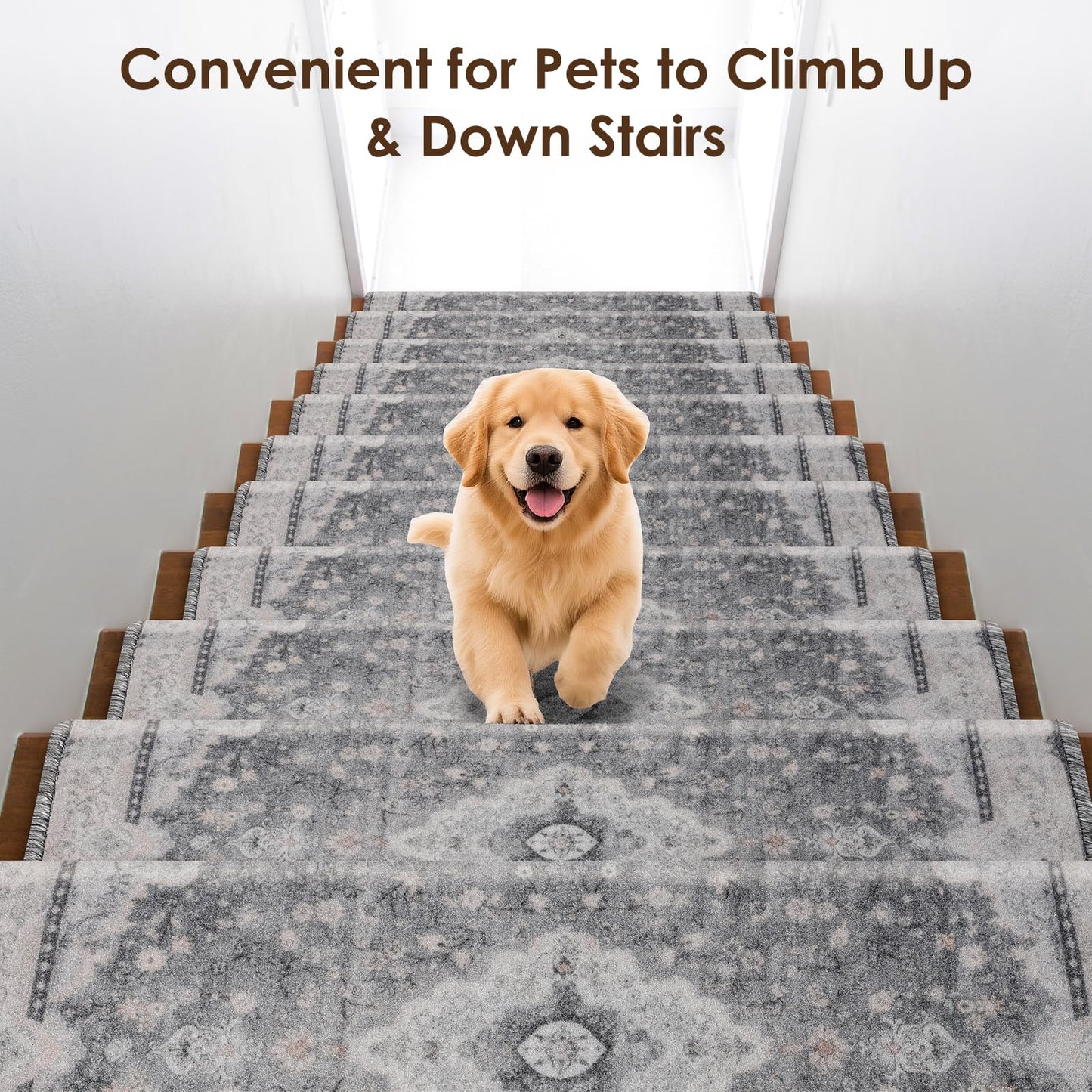Brakki Bullnose Stair Treads for Wooden Steps, Non Slip Stair Carpet for Indoor Runner and Pets, Soft Edging Staircase Protectors Reusable, Washable, 29.5"x9.5"x1.5" 14pcs, Grey