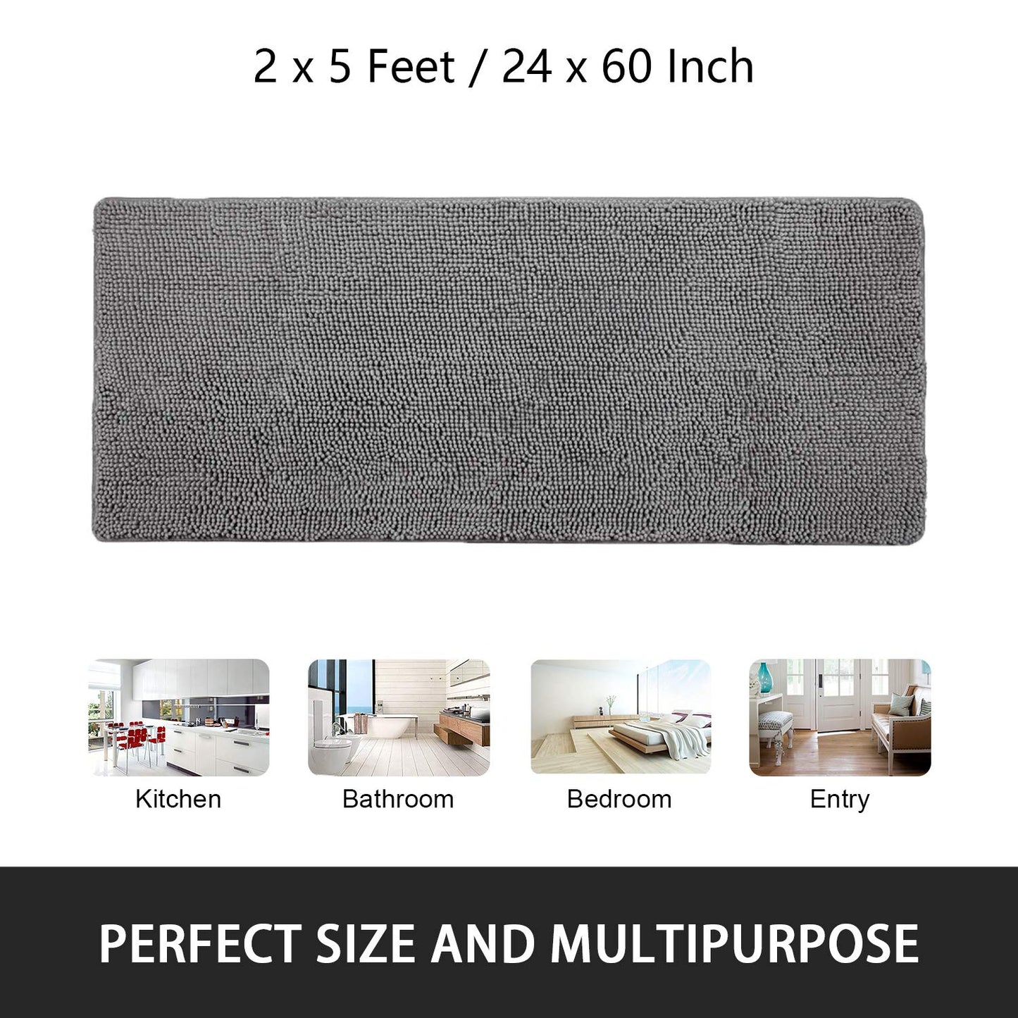 Noahas 24''x 60'' Grey Long Bathroom Rugs Runner,Absorbent Bath Mats for Bathroom Non-Slip with Rubber Backing,Soft Washable Carpet,Plush Chenille Shower Mats Shaggy Durable Bath Rugs