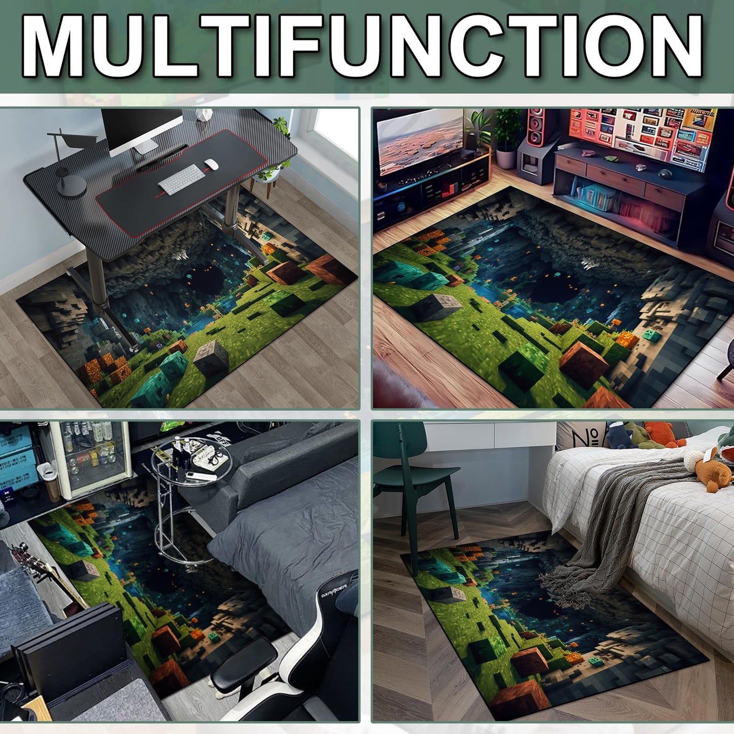 Block Game Rug Teen Kids Carpet, Pixel Games Scene Decoration Mat, Washable Game Rugs for Boy’s Bedroom Living Room Playroom, Non-Slip Children Gaming Area Rugs (Green Grass Karst Cave, 60" x 40")