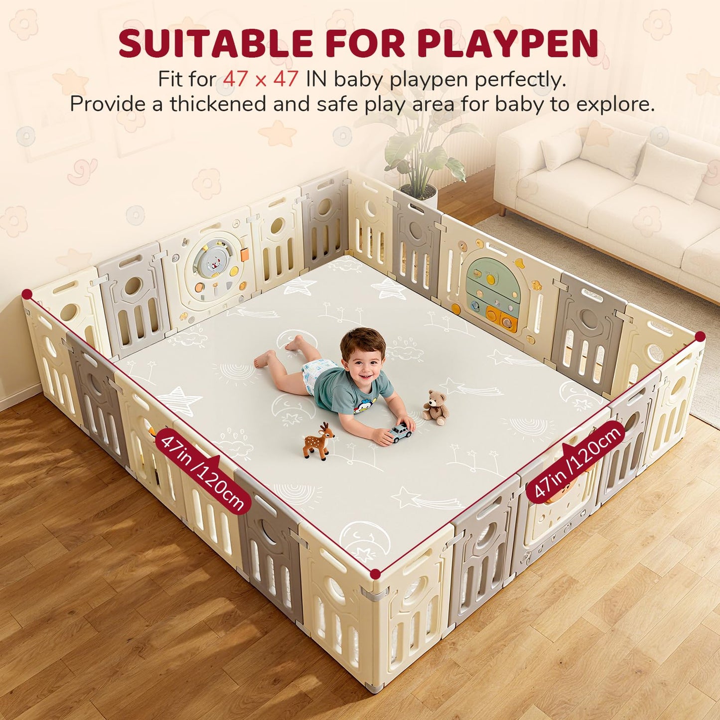 47x47 Baby Play Mat - Leather Waterproof Tummy Time mats for floor - 1.2" Extra Thick Foam Cushioned & Super Soft Babycare Playmat for Playpen Crawling- Padded Activity Gym for Kids Babies Toddlers