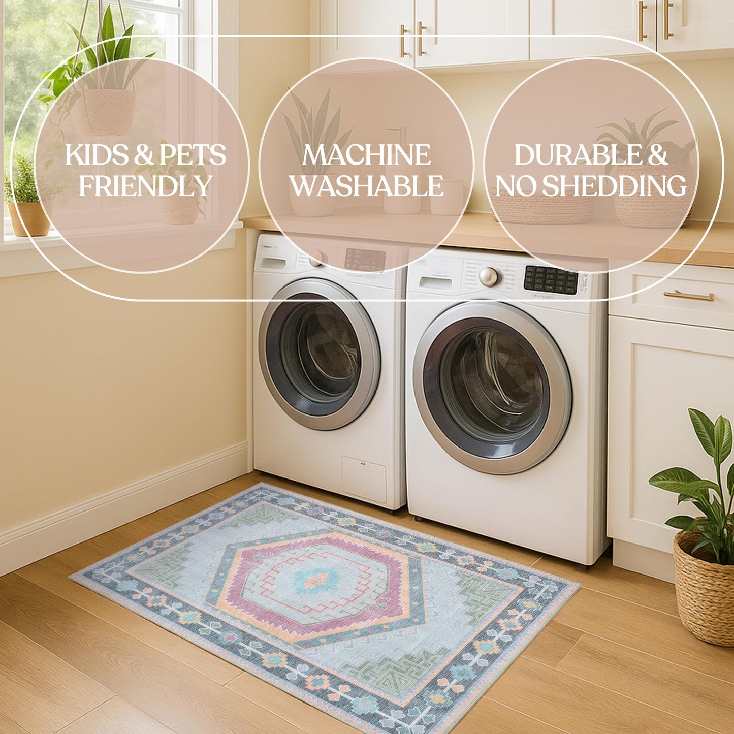 Fame Living Washable Area Rug. Modern Farmhouse. Vintage. Turkish. Bohemian. Distressed. Oriental. Traditional. Rugs for Living Room. Dining. Bedroom. Office. Entryway. Foyer. (856GP, 5' x 6'9")