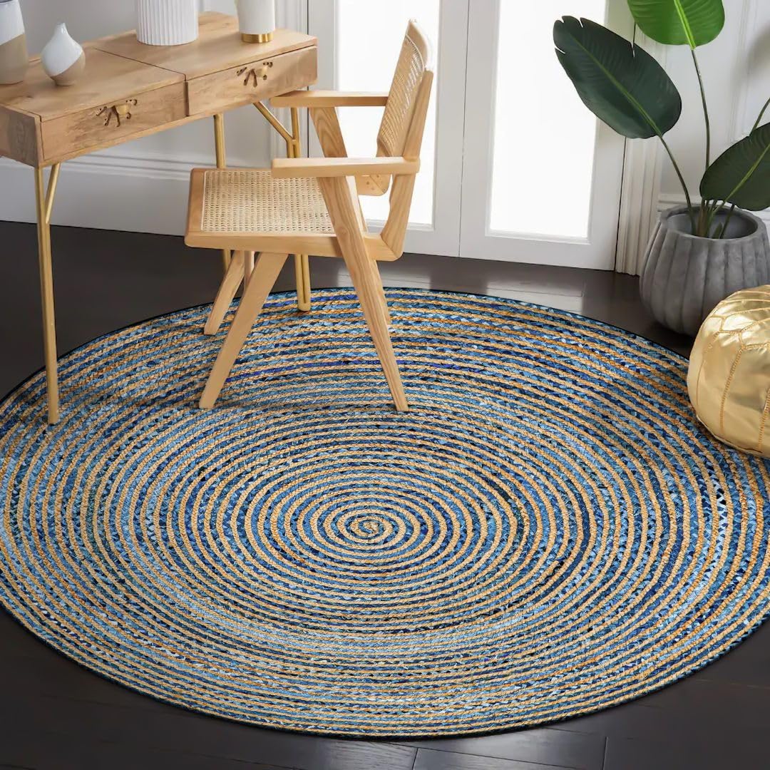 WeWove Hand Woven Area Rug 6 Feet Round - Jute Denim Area Rug Rustic Farmhouse Boho Accent Rug for Living Room Bedroom Kitchen Dorm Entryway Hallway - Handcrafted Floor Rug