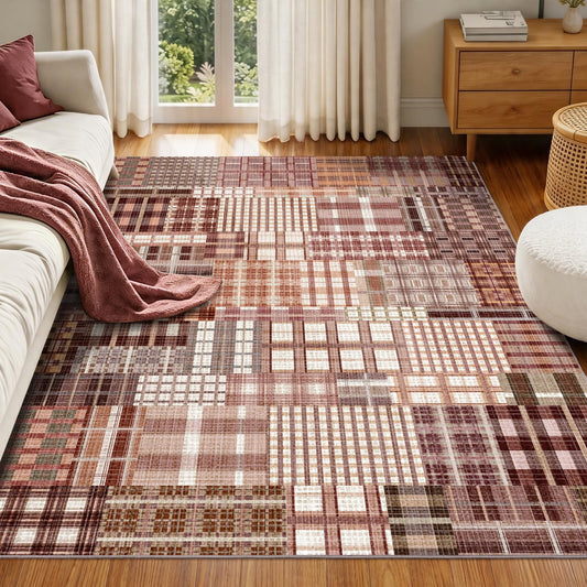Rezutan Washable Rug 4x6 Plaid Rugs for Bedroom Vintage Non-Slip Neutral Floor Mat Indoor Soft Carpet Low Pile Foldable Thin Rugs for Living Room Dining Nursery Office, Red Pink Brown