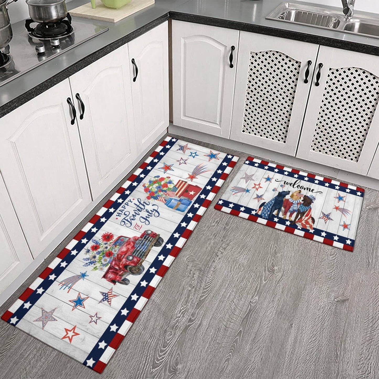 American Patriotic Farmhouse Kitchen Rugs Sets of 2,4th of July Memorial Day Independence Day Mats for Floor,Liberty Freedom Non Slip Holiday Decor Mat for Sink, Laundry, Office 17"x 47"+17"x 30"