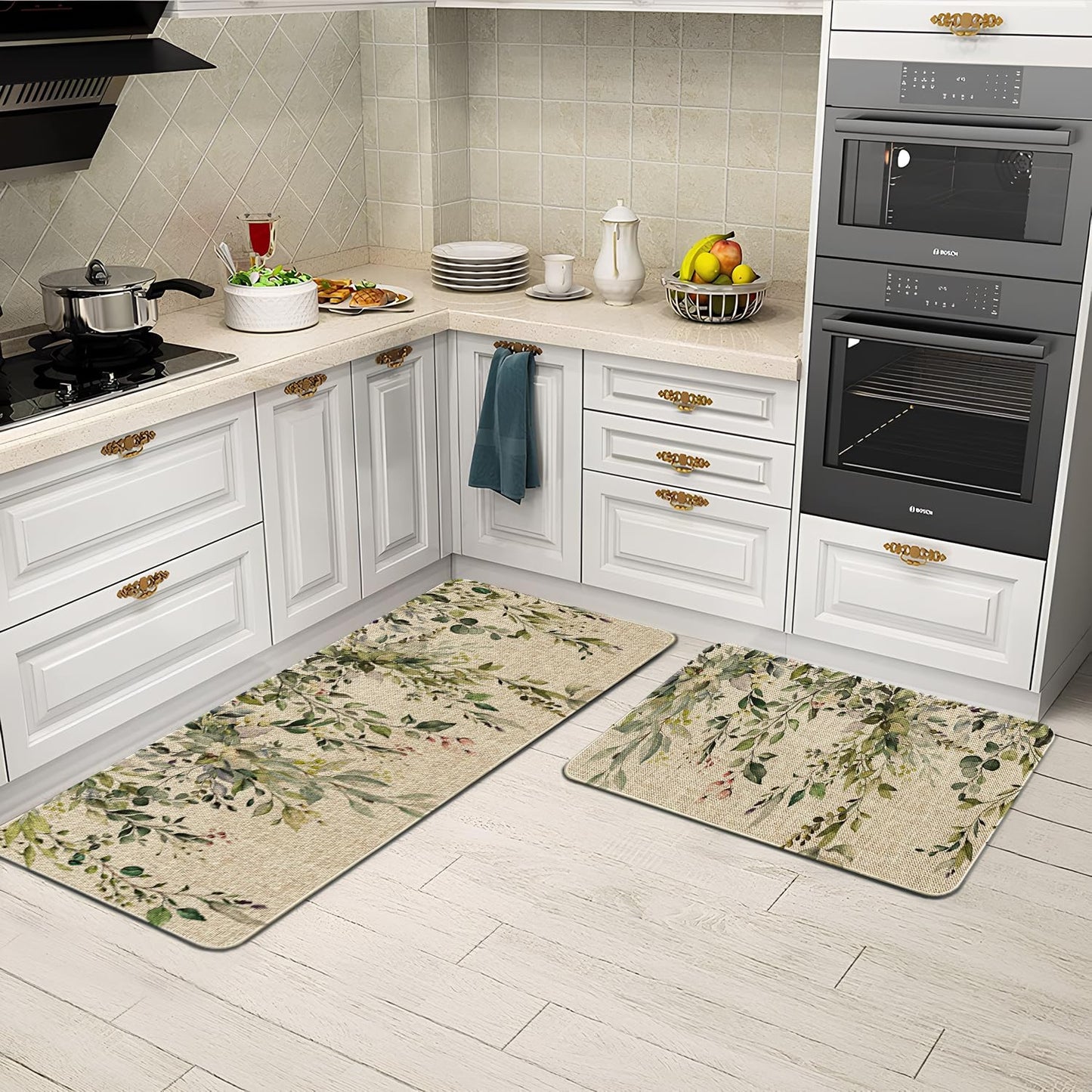 HSOWKDN Sage Green Eucalyptus Spring Kitchen Rugs Sets of 2 Non Slip Washable, Botanical Leaves Summer Spring Kitchen Mats for Floor 2 Piece Home Decor