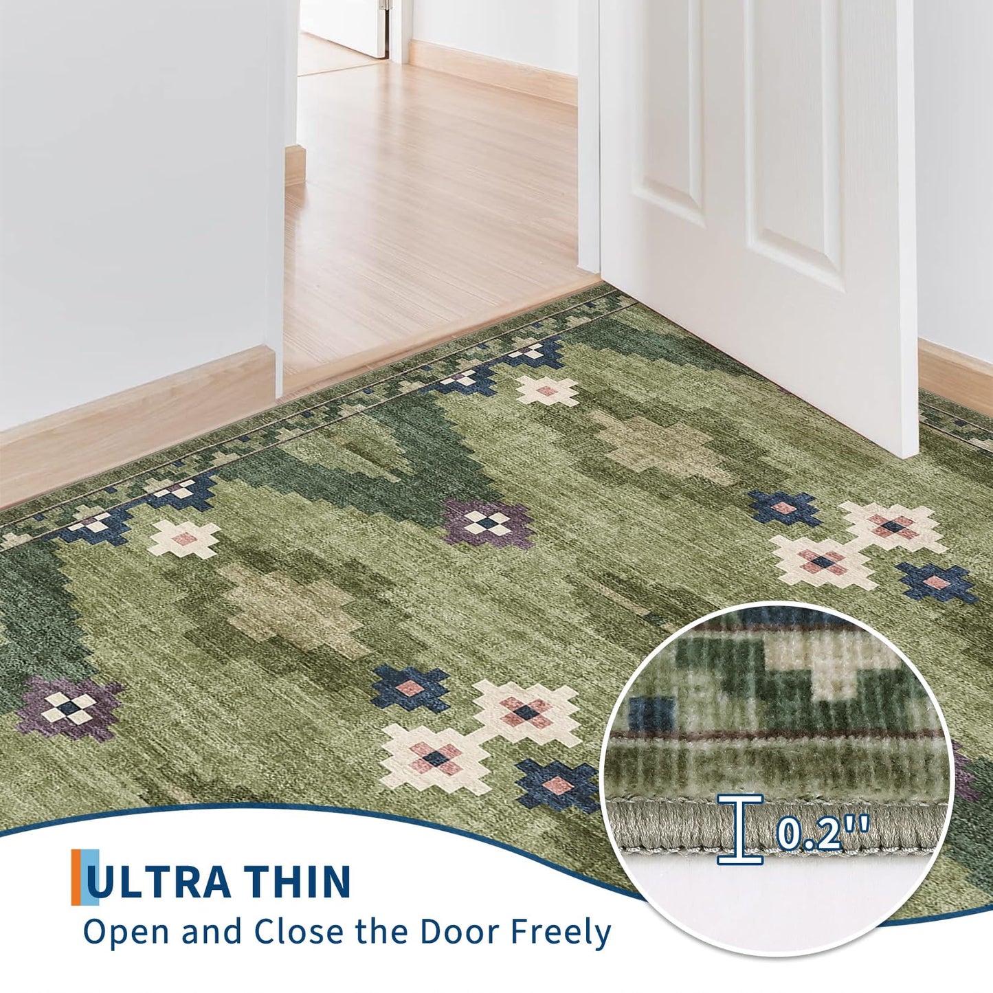 Hallway Runner Rug 2x6 Modern Geometric Non Slip Kitchen Runner Carpets Stain Resistant Mid Century Tribe Runners Soft Low Pile Boho Runner Mat for Laundry Bedroom Living Room Nursery Bedside, Green