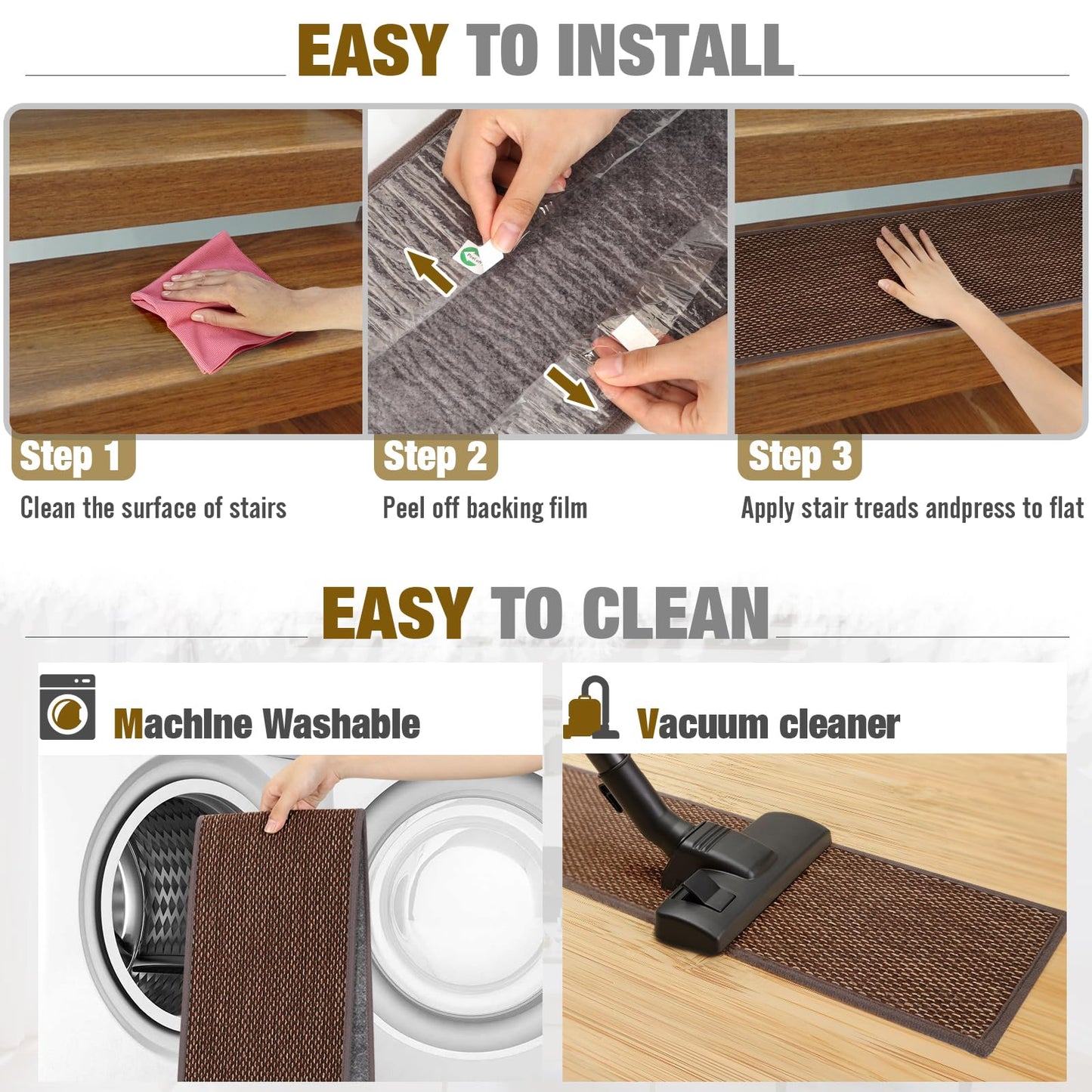 SMILOOL Stair Treads Non Slip for Wooden Steps Indoor 9" x 36" 8 Pack Extra Wide Stair Tread Carpet Stairs Runner, Step Pads with Reusable Adhesive for Dogs Kids Elders, Machine Washable, Brown