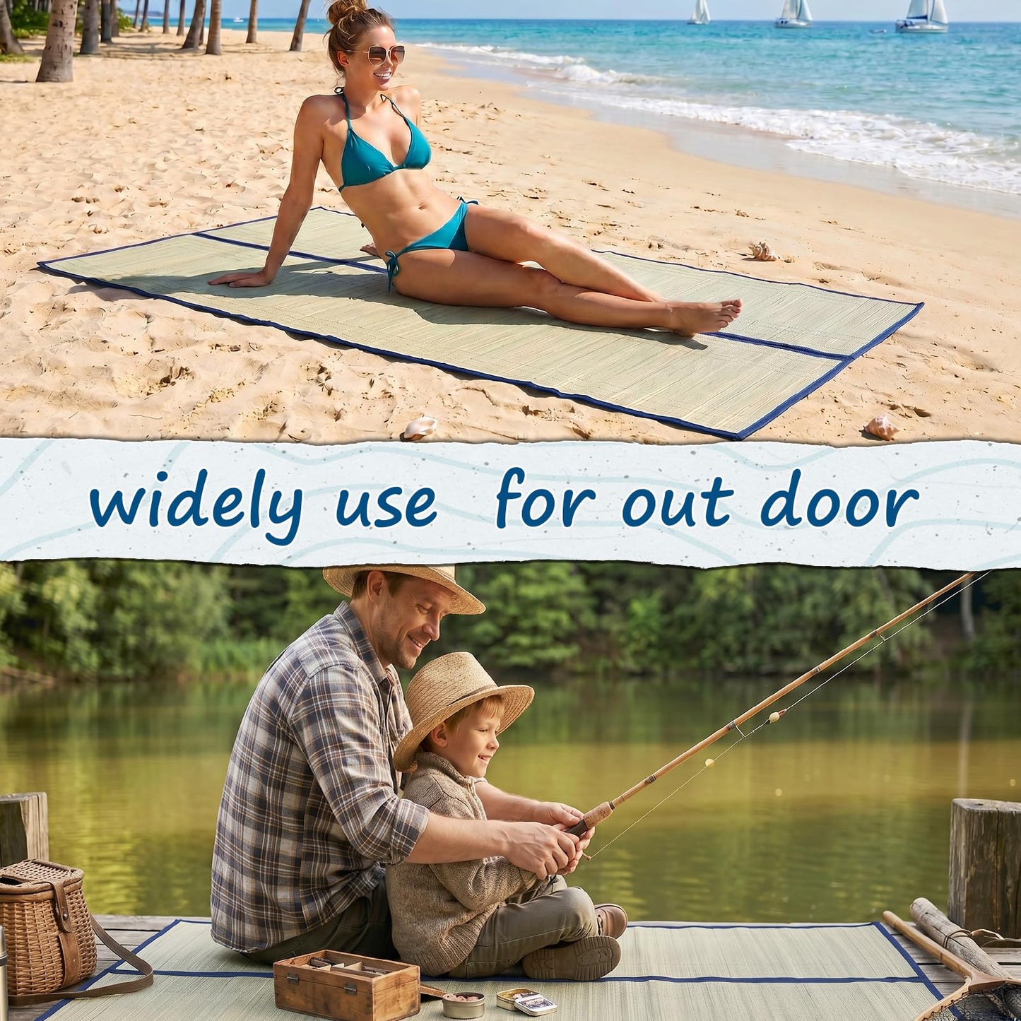 UCandy 4 Packs Natural Straw Beach Mat, 31.5" x 70" Waterproof Foldable Lightweight Picnic Mat with Trim for Camping Sunbathing Floor Yoga Outdoor Activities